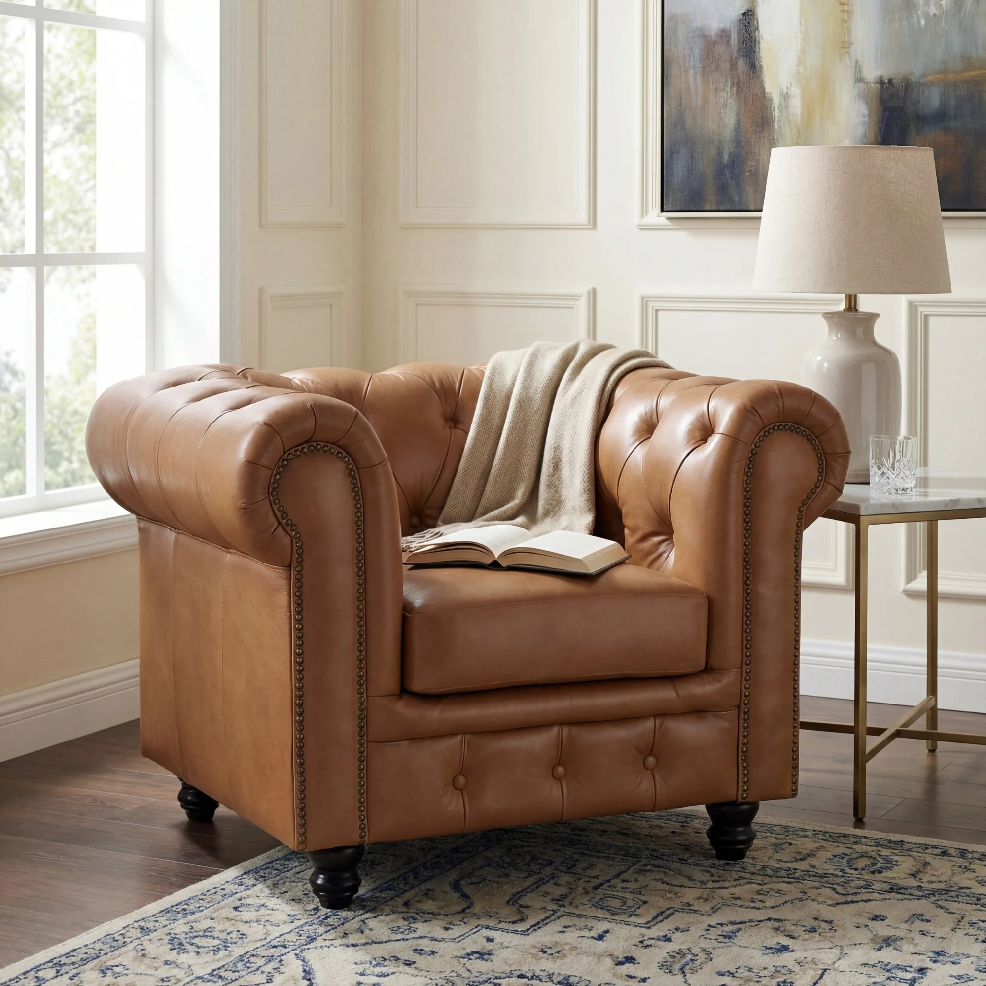 Alastair Armchair Single Seater Sofa Genuine Leather Tan - Image 3