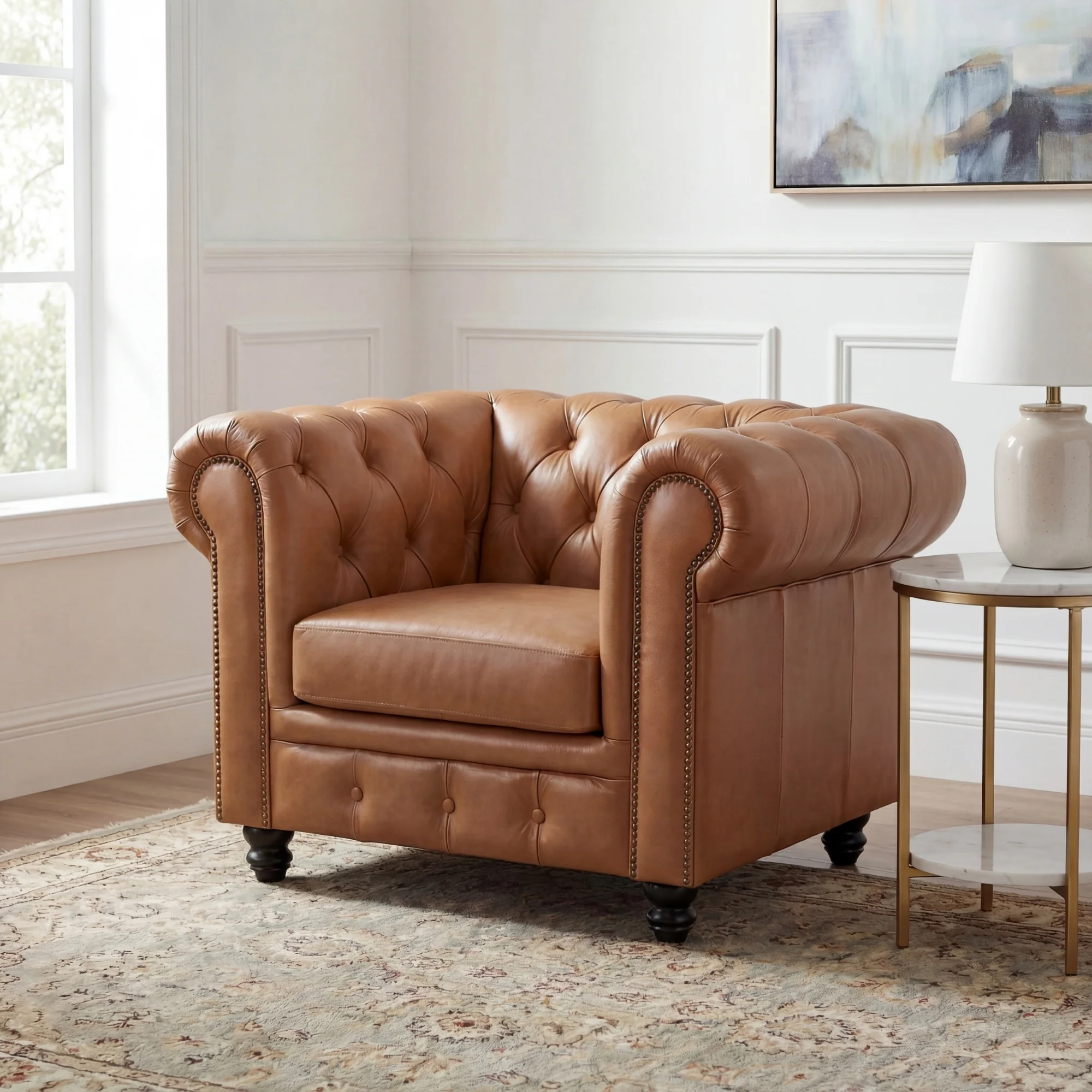 Alastair Armchair Single Seater Sofa Genuine Leather Tan - Image 4