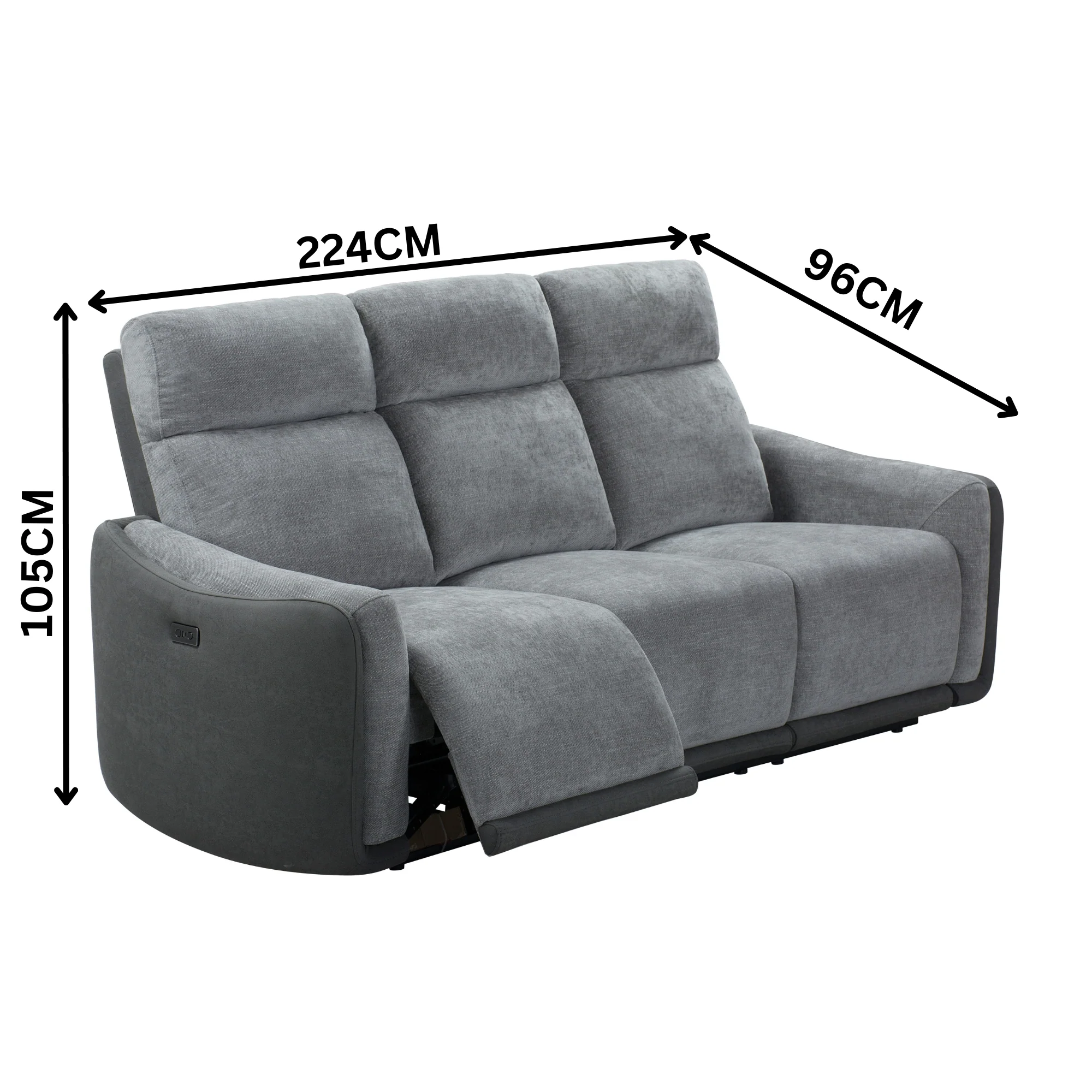 Alexios 3 Seater Fabric Electric Recliner Sofa Lounge Grey - Image 3