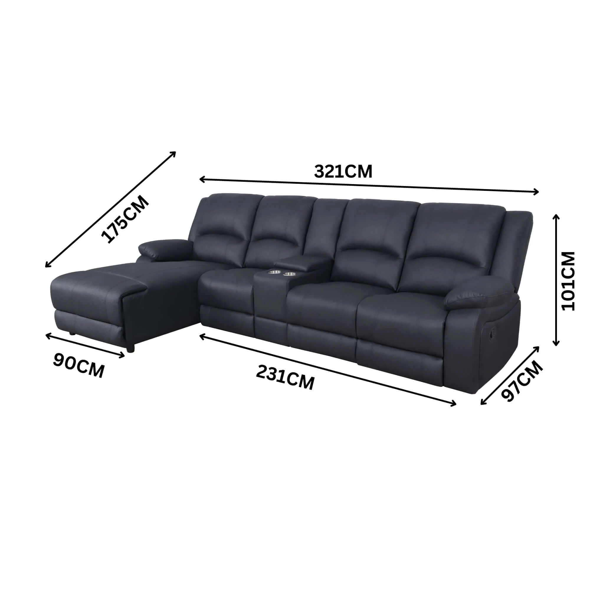 Anderson 3 Seater Fabric Manual Recliner Lounge LHF Chaise Onyx Black - Image 3