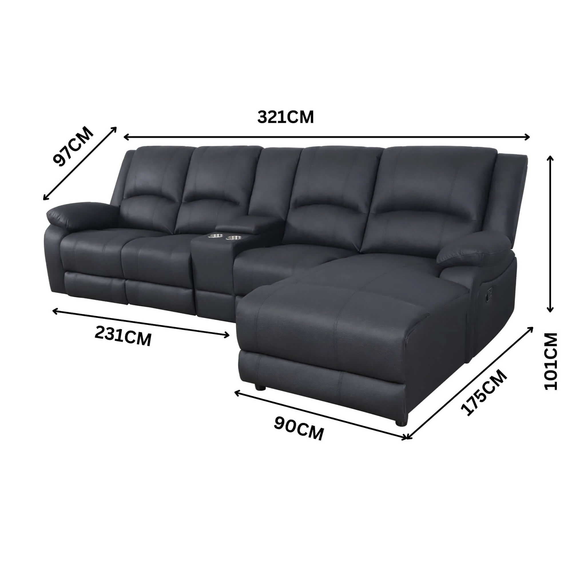 Anderson 3 Seater Fabric Manual Recliner Lounge RHF Chaise Onyx Black - Image 3