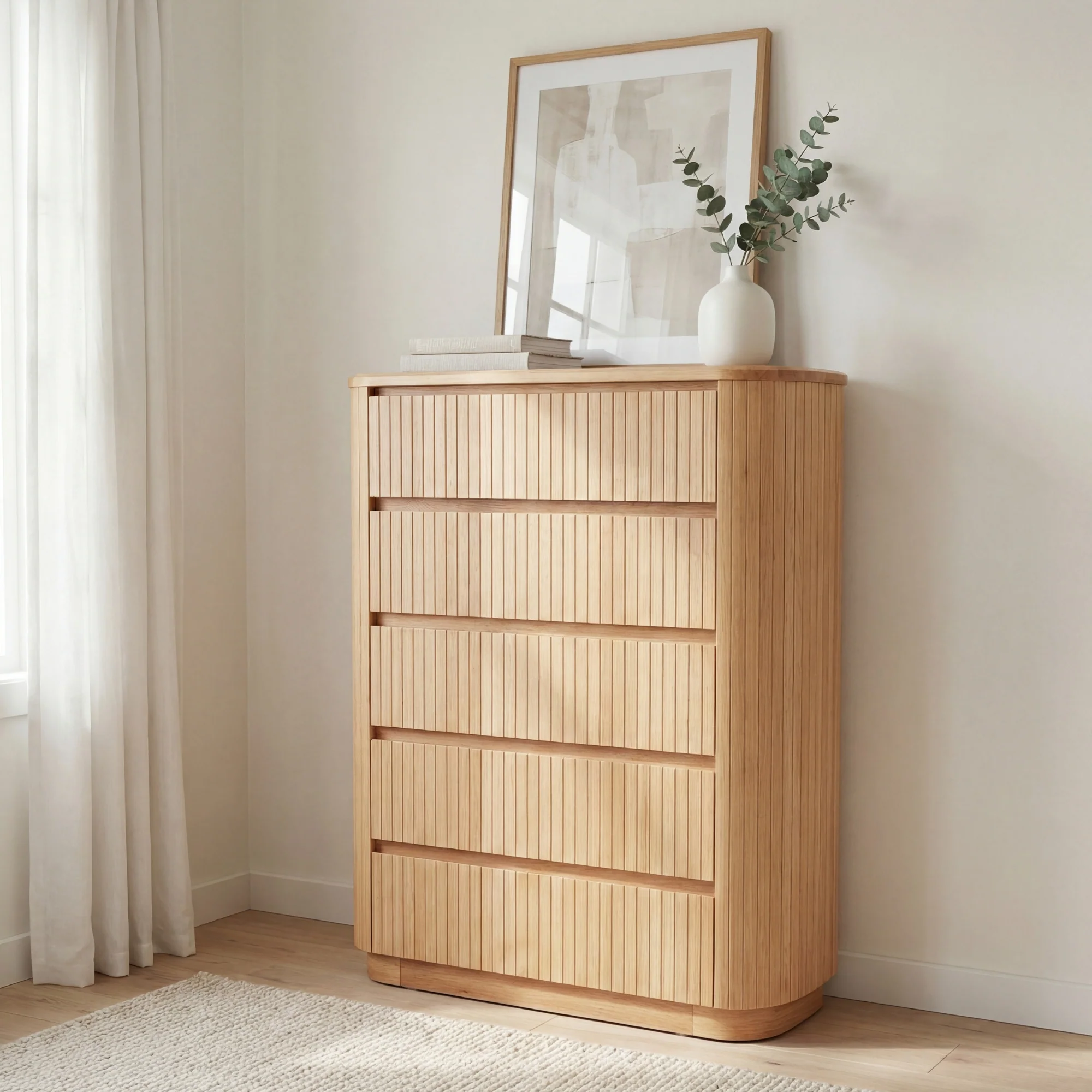 Arushi 4pc King Bedroom Set Bed Frame Tallboy Bedside Table Natural - Image 4