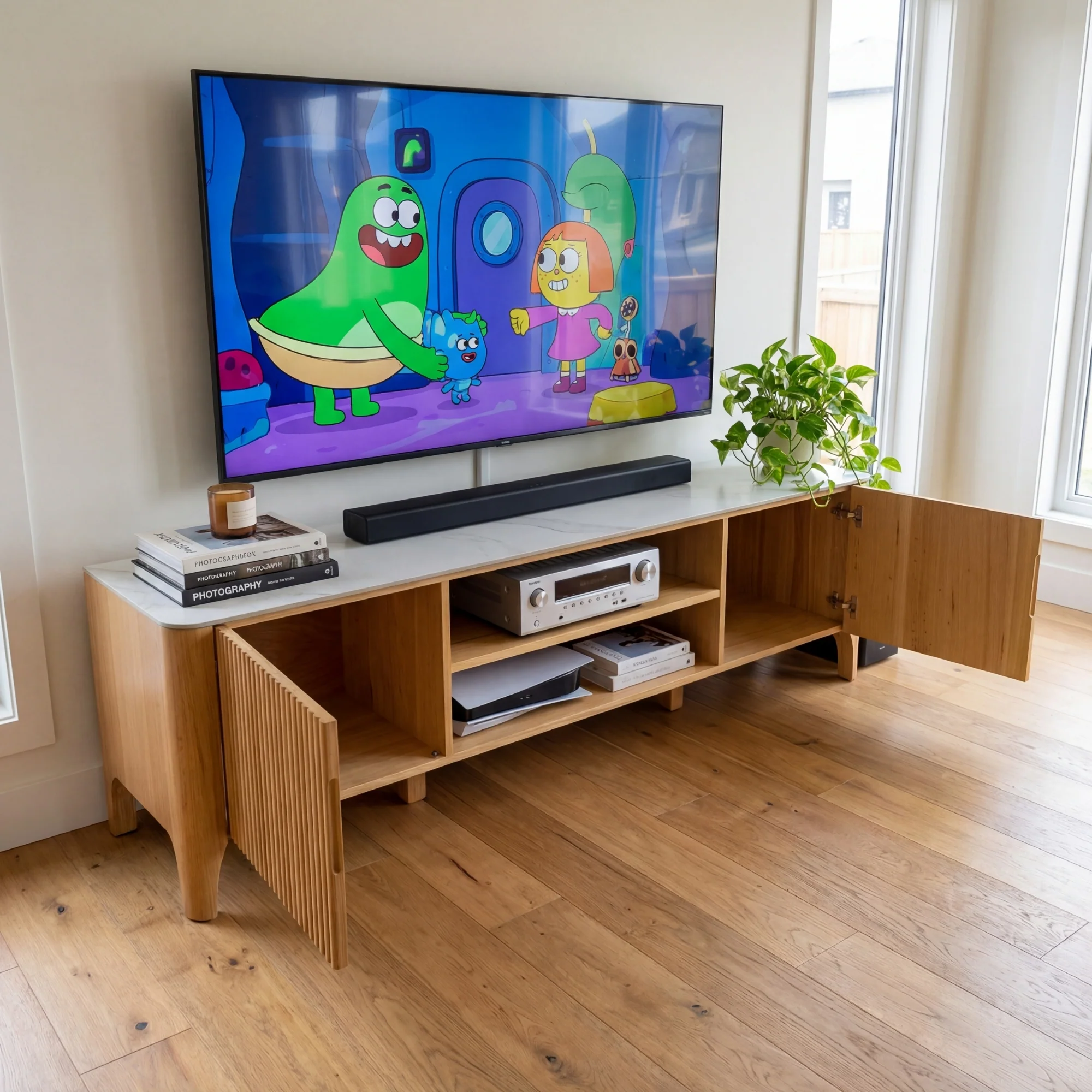 Avila 200cm Fluted ETU Entertainment TV Unit Ceramic Stone Top Natural - Image 5