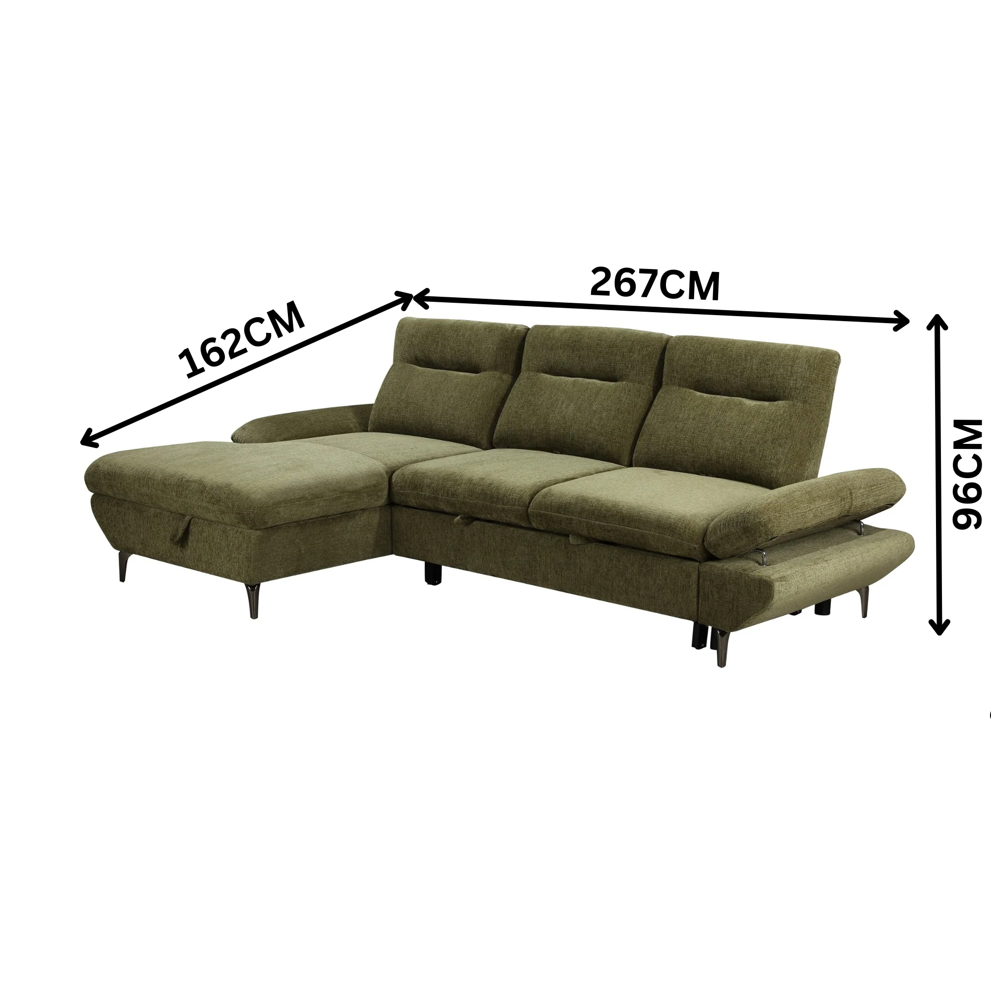 Bellemave 2 Seater Fabric Sofa Bed LHF Storage Chaise Green - Image 3