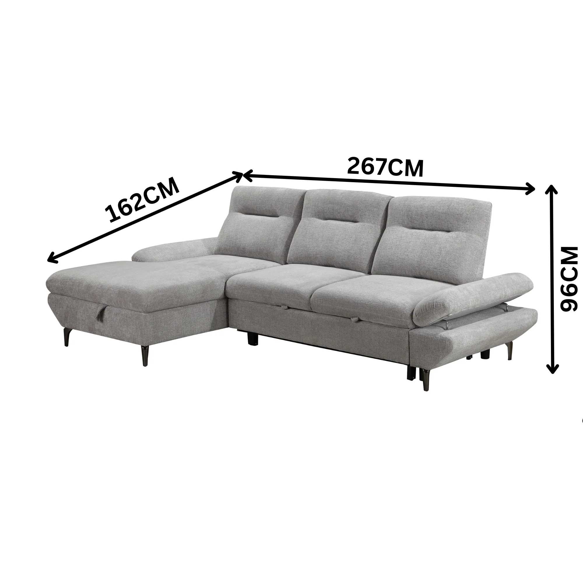 Bellemave 2 Seater Fabric Sofa Bed LHF Storage Chaise Grey - Image 3