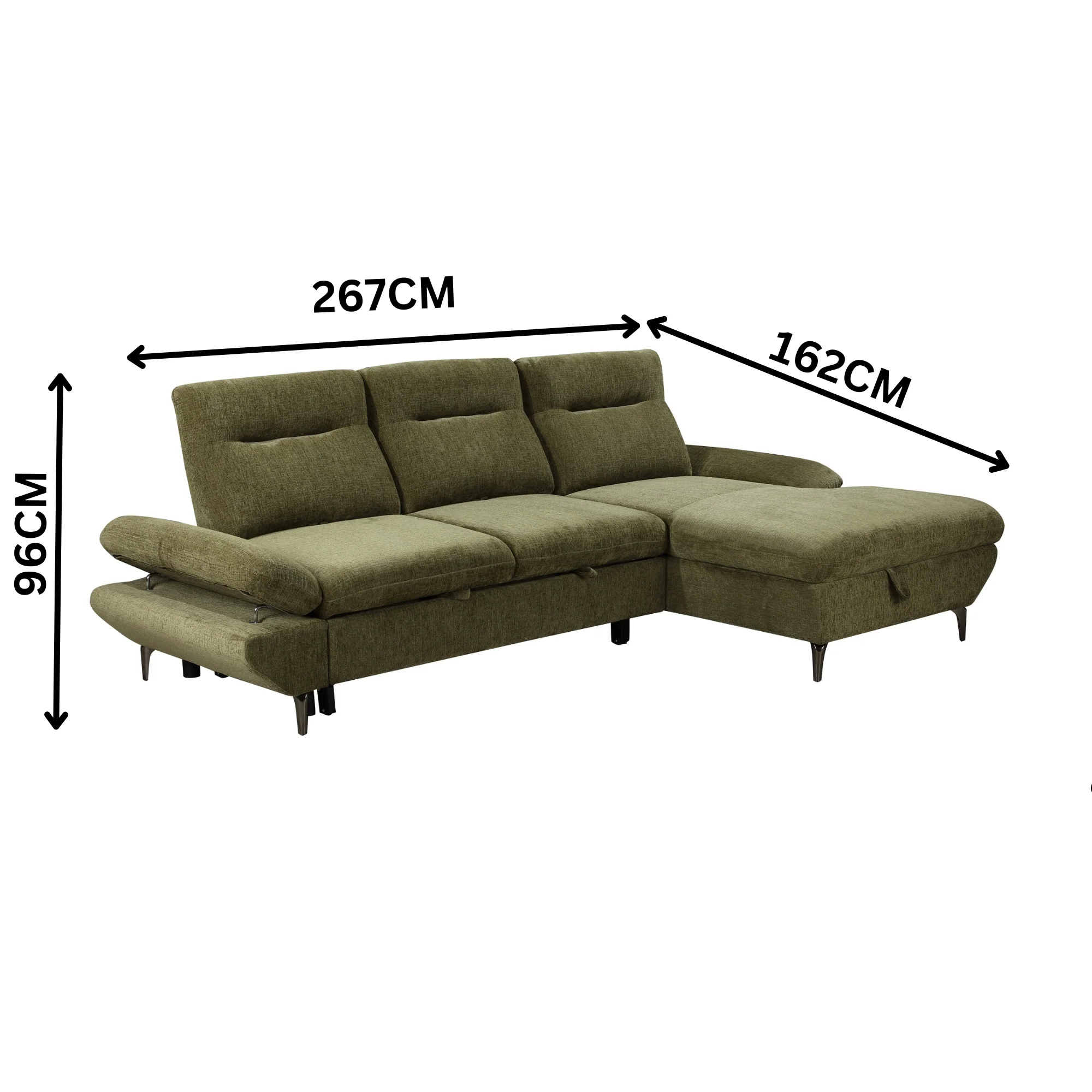Bellemave 2 Seater Fabric Sofa Bed RHF Storage Chaise Green - Image 3