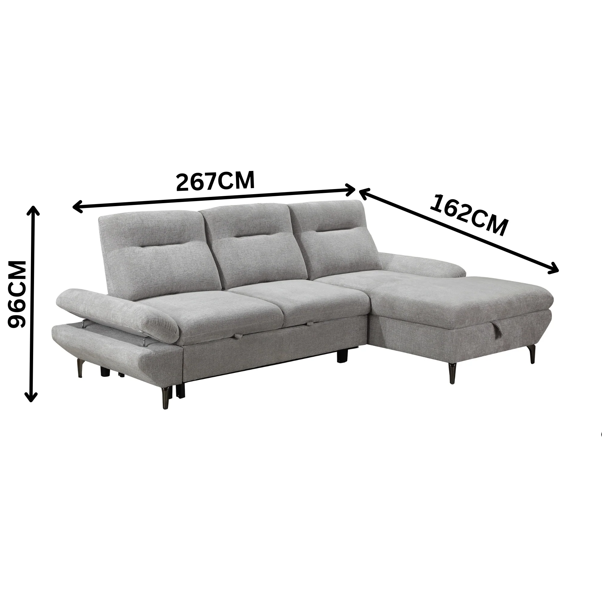 Bellemave 2 Seater Fabric Sofa Bed RHF Storage Chaise Grey - Image 2