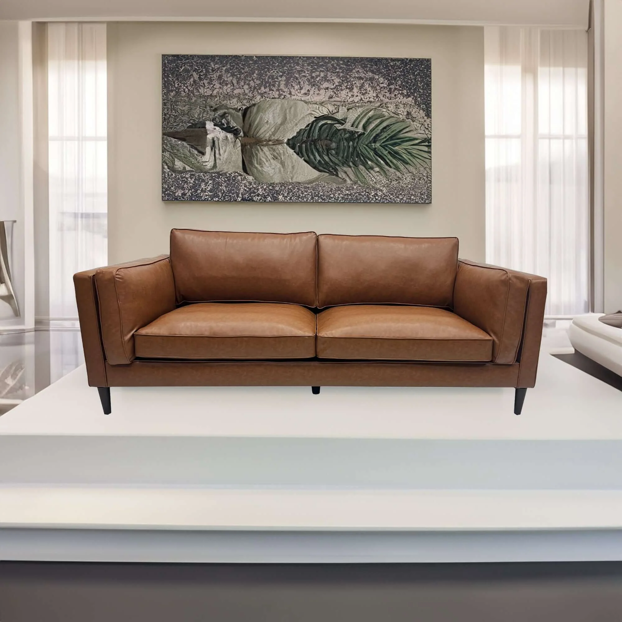 Brahm 3 Seater Sofa Premium Faux Leather Tan - Image 2