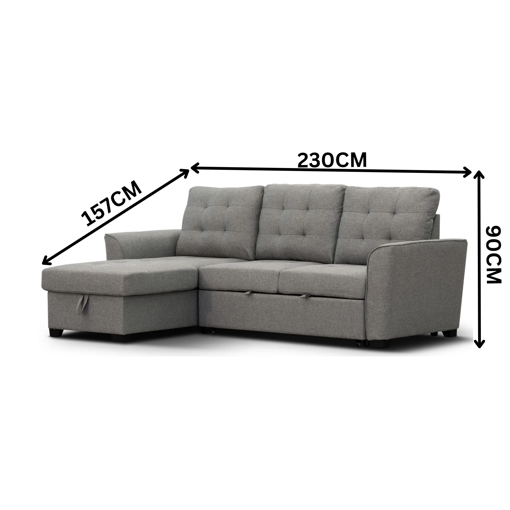 Camden 2 Seater Fabric Sofa Bed Reversable Storage Chaise Grey - Image 3