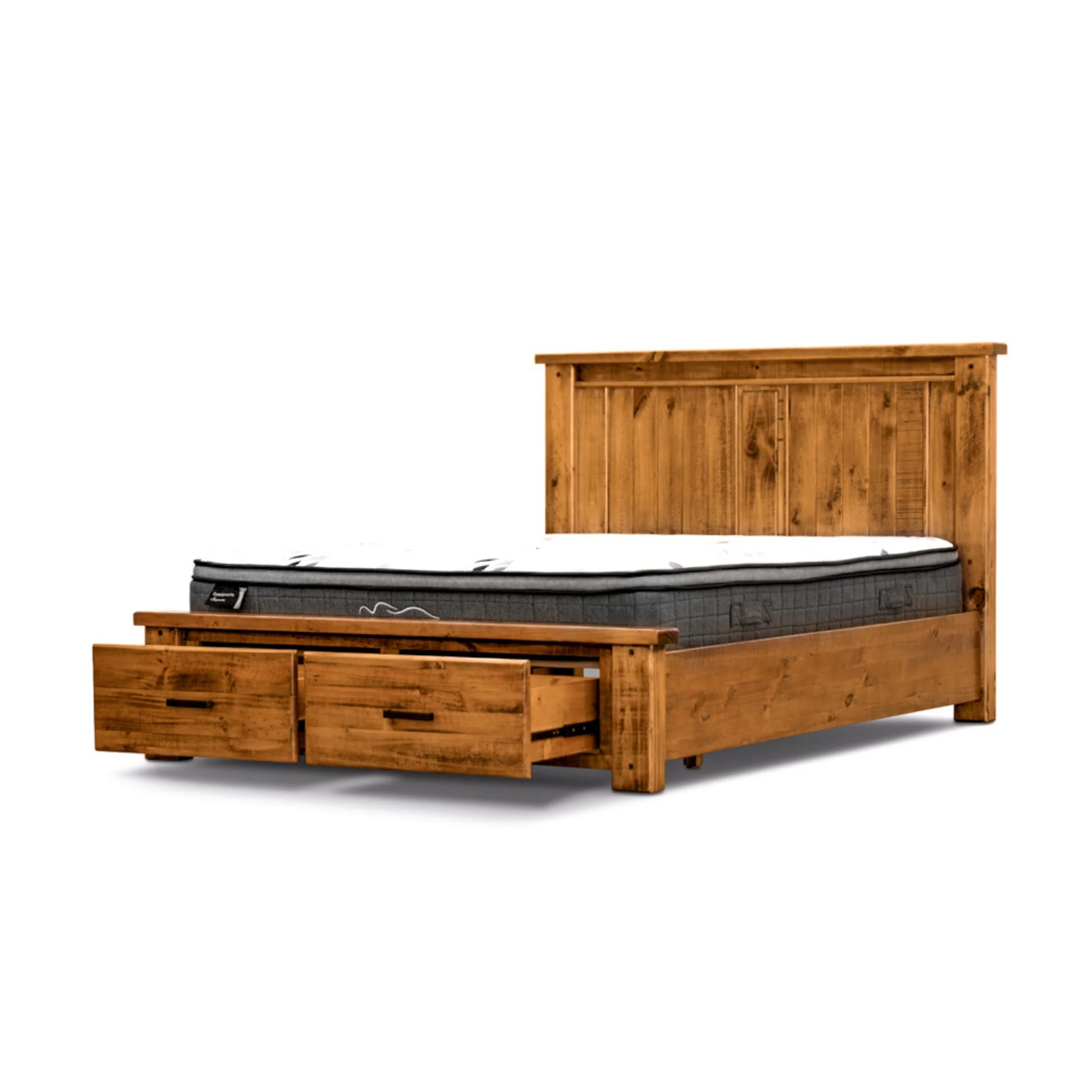 Camdenville Queen Bed Frame Storage Drawer Solid Pine Frame Oak - Image 3