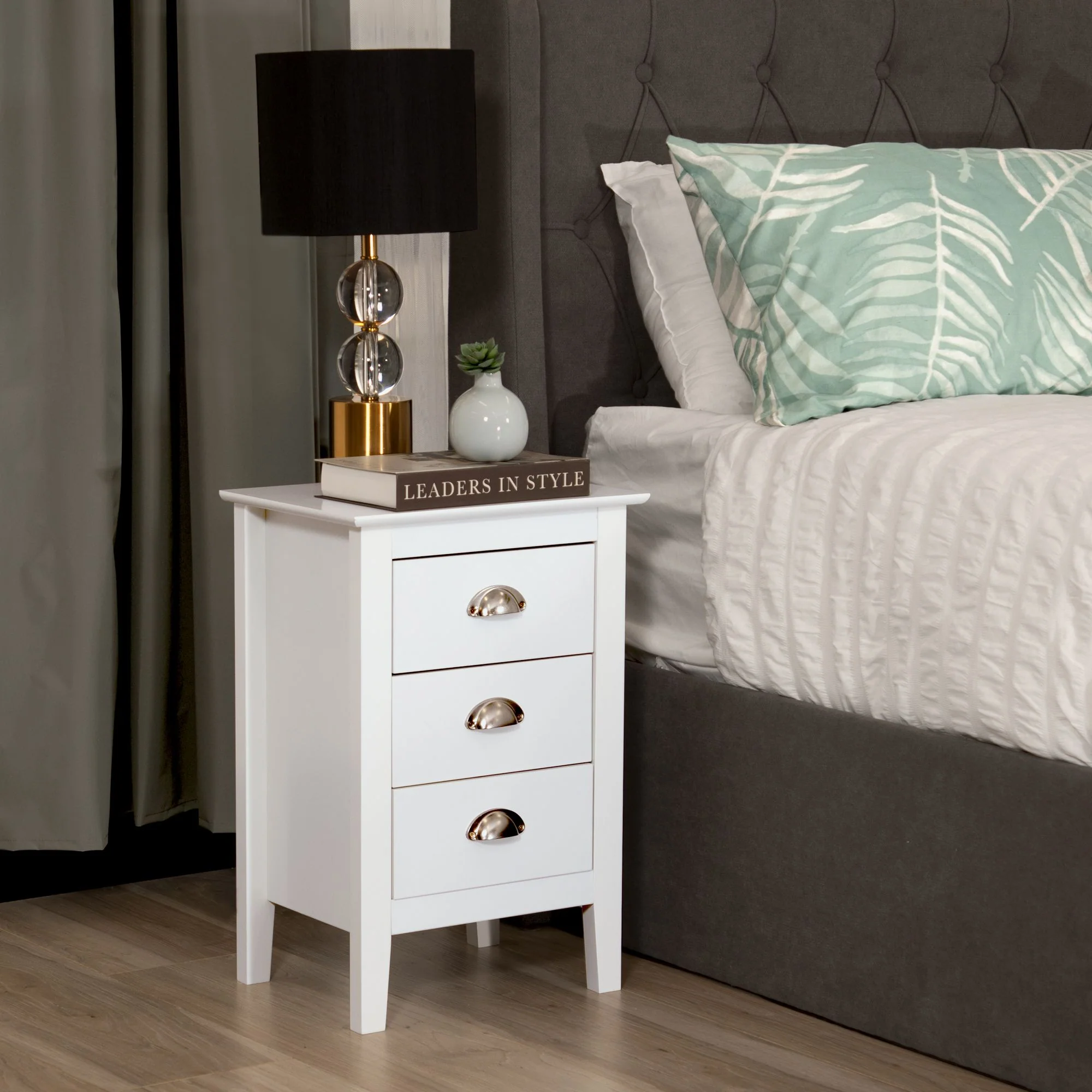 Costway 3 Drawers Bedside Table White - Image 2