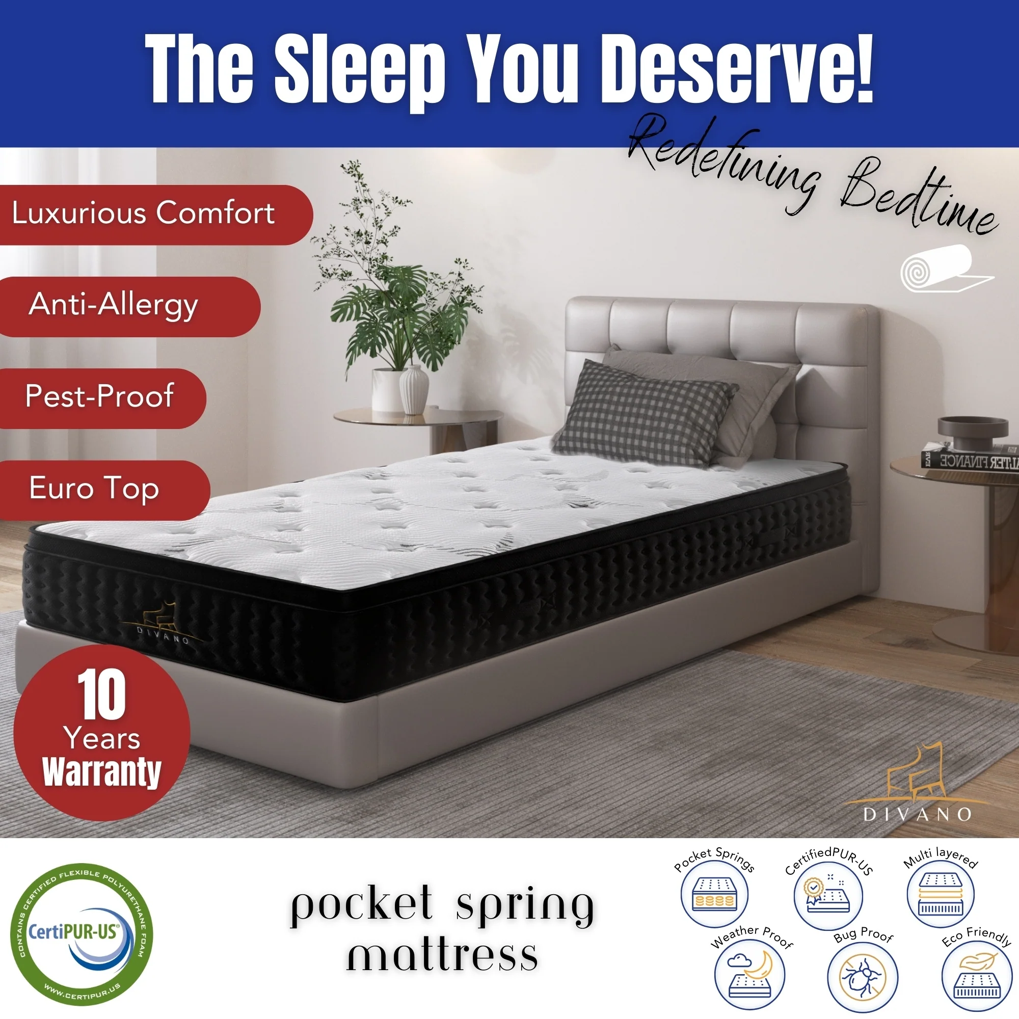 Divano Bedding 32cm Mattress Euro Top Pocket Spring - Image 9