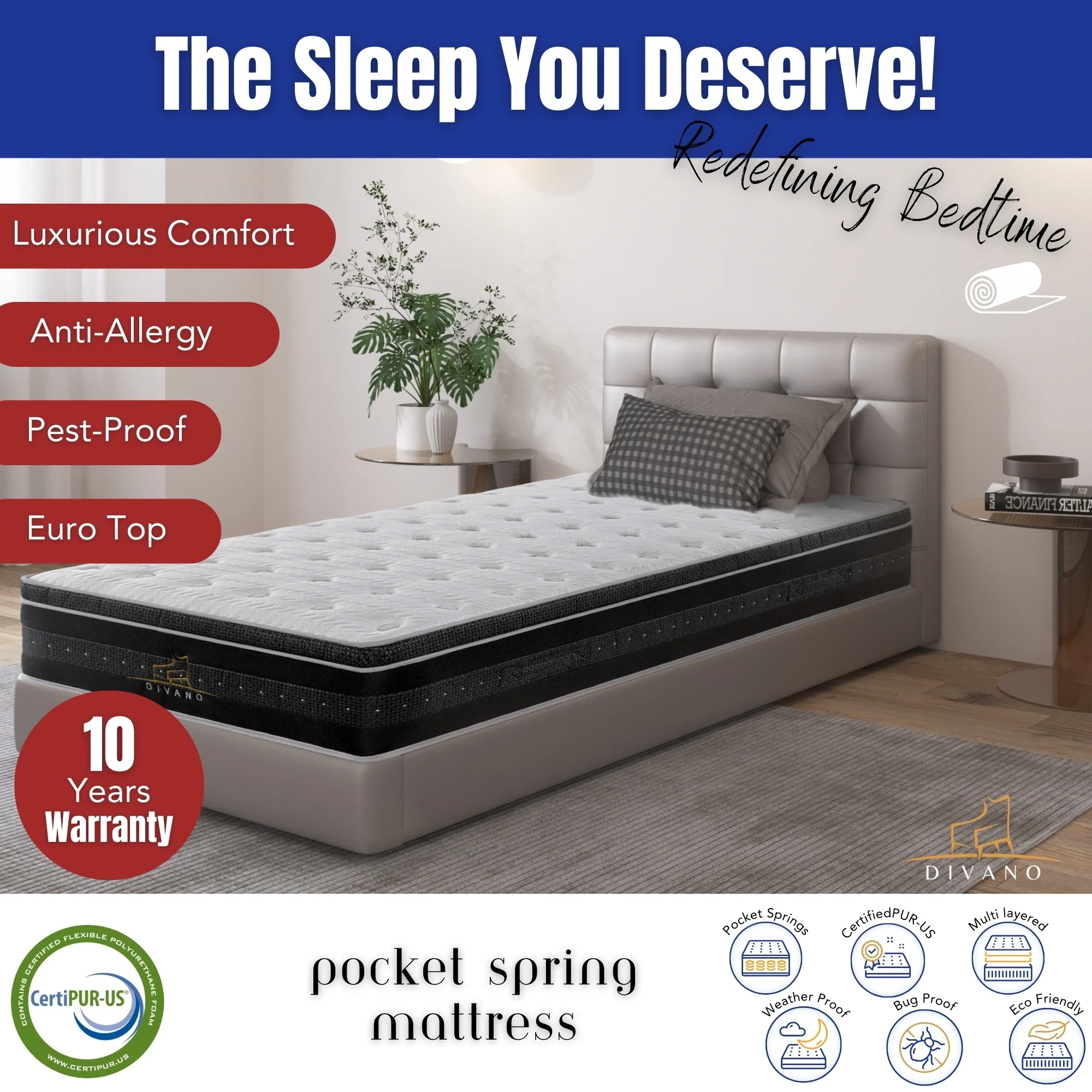 Divano Bedding 34cm Mattress Euro Top Pocket Spring - Image 33