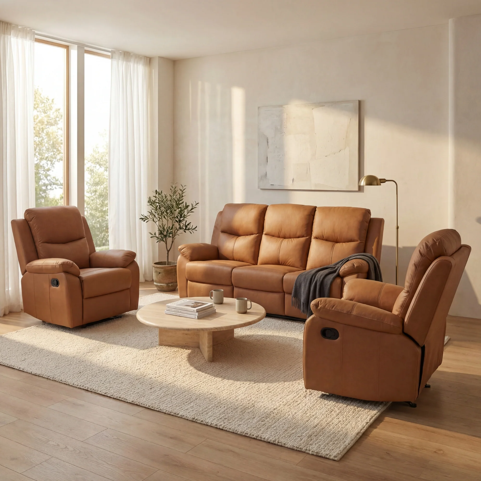 Duke 3 Seater Manual Recliner Genuine Leather Tan - Image 5
