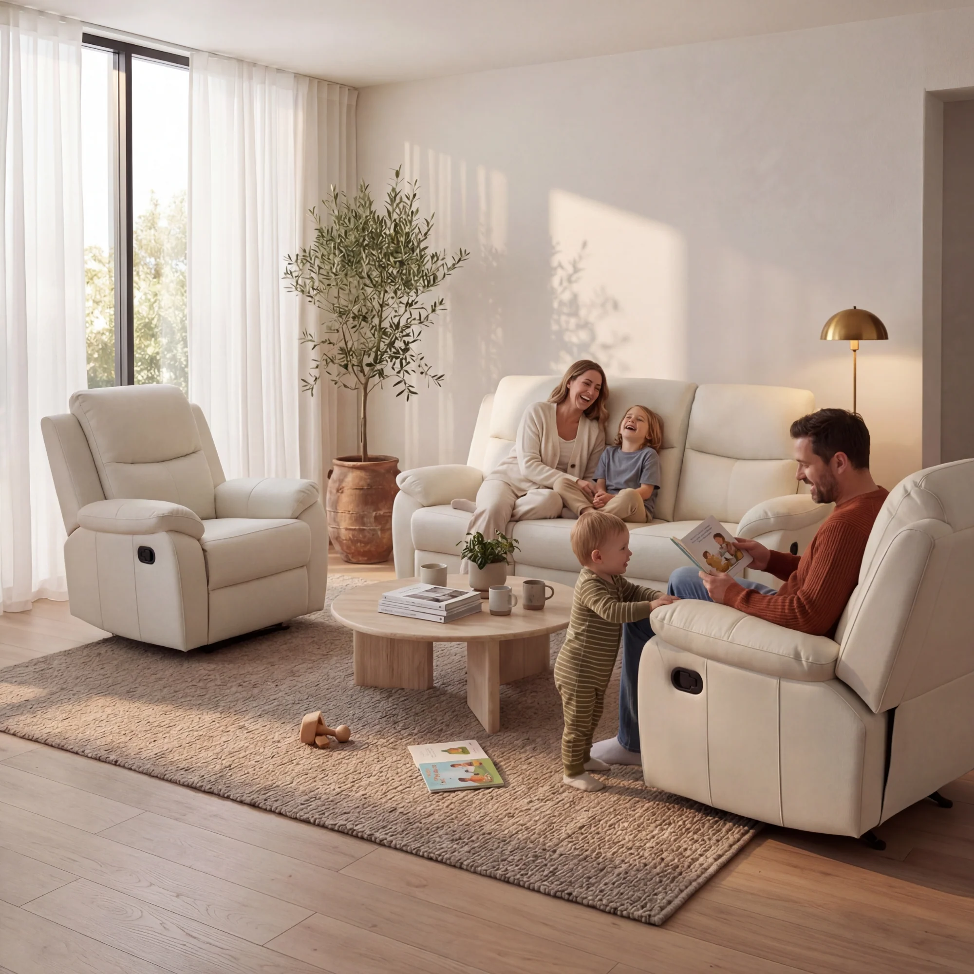Duke 3+1+1 Seater Manual Recliner Genuine Leather Off White - Image 3