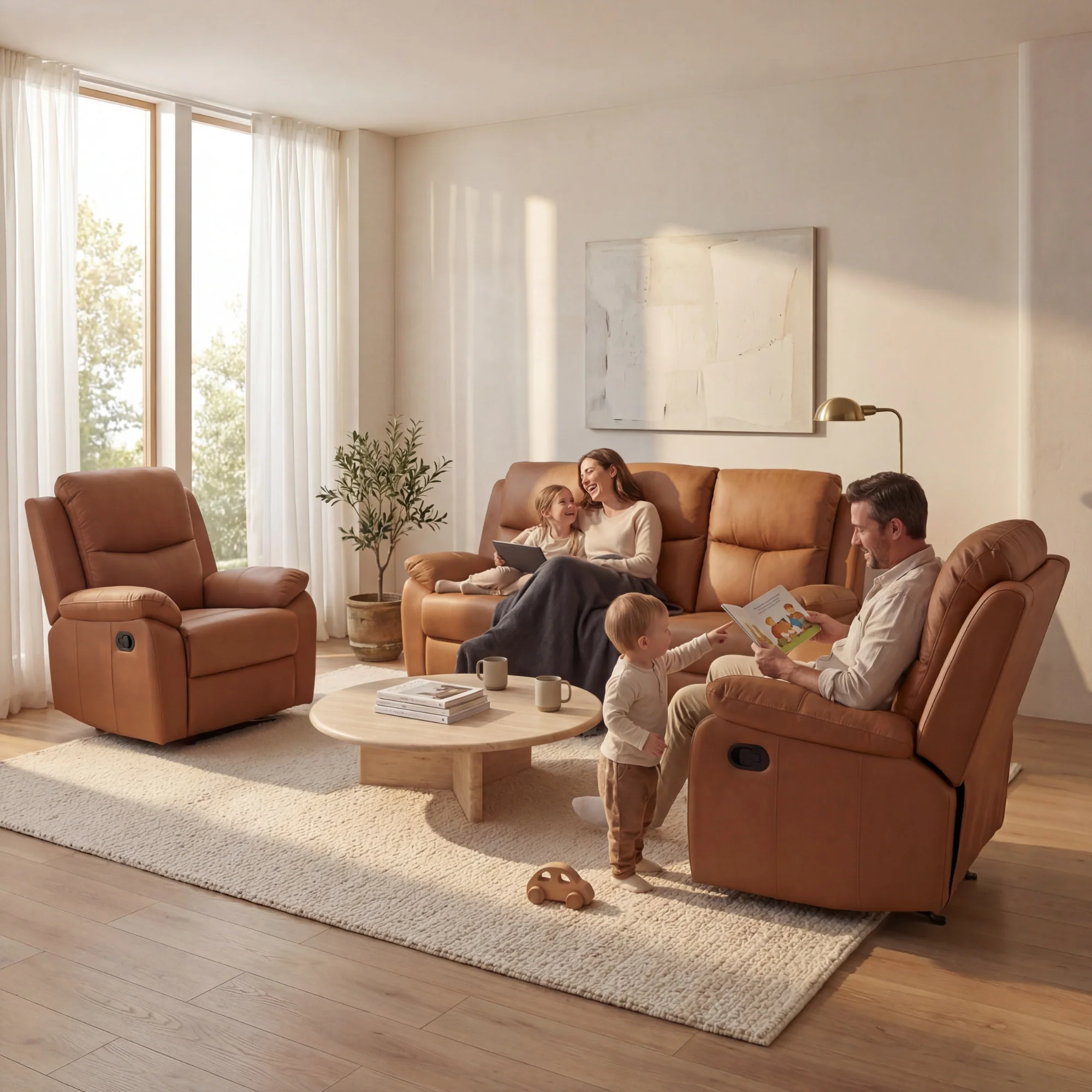 Duke 3+1+1 Seater Manual Recliner Genuine Leather Tan - Image 3
