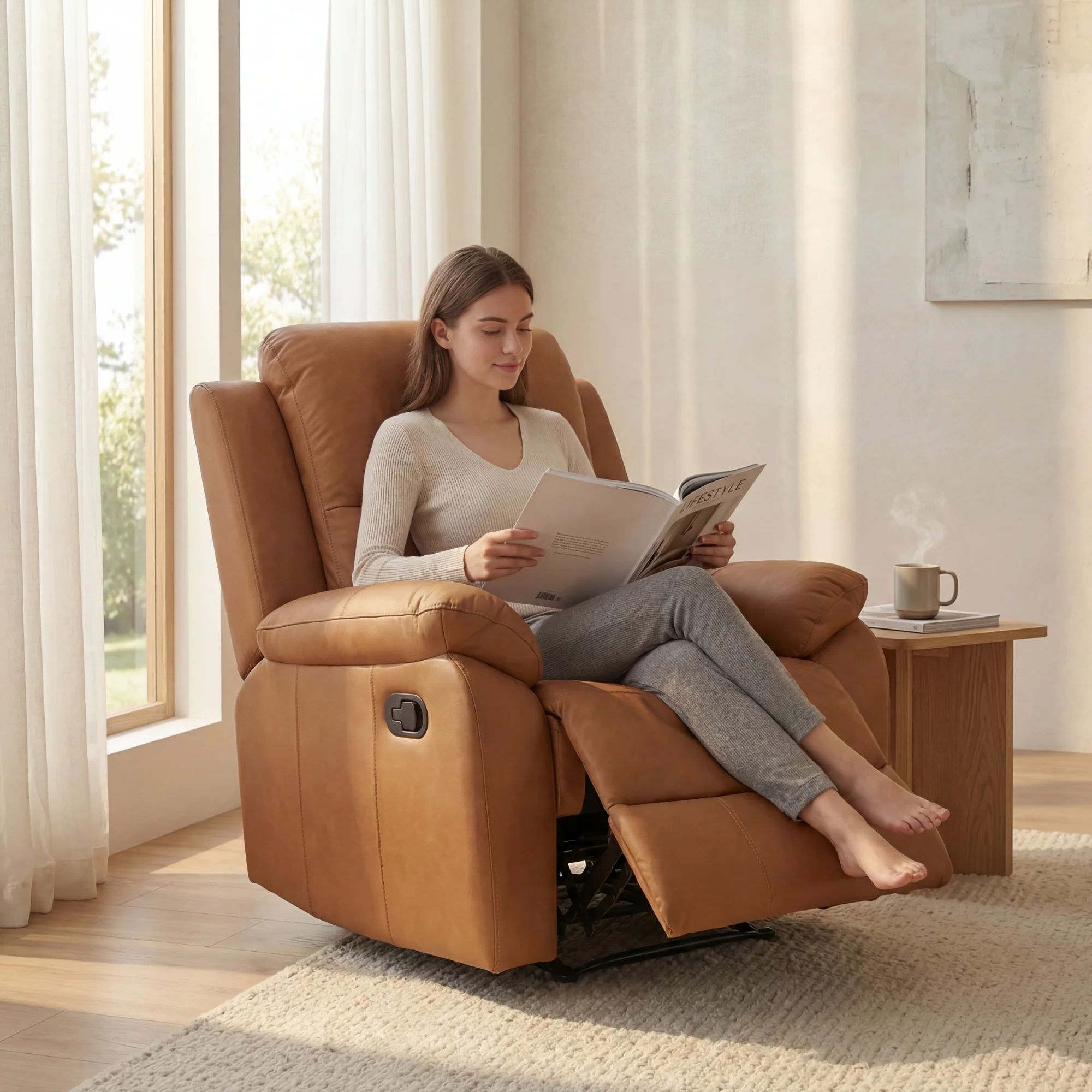 Duke 3+1+1 Seater Manual Recliner Genuine Leather Tan - Image 5