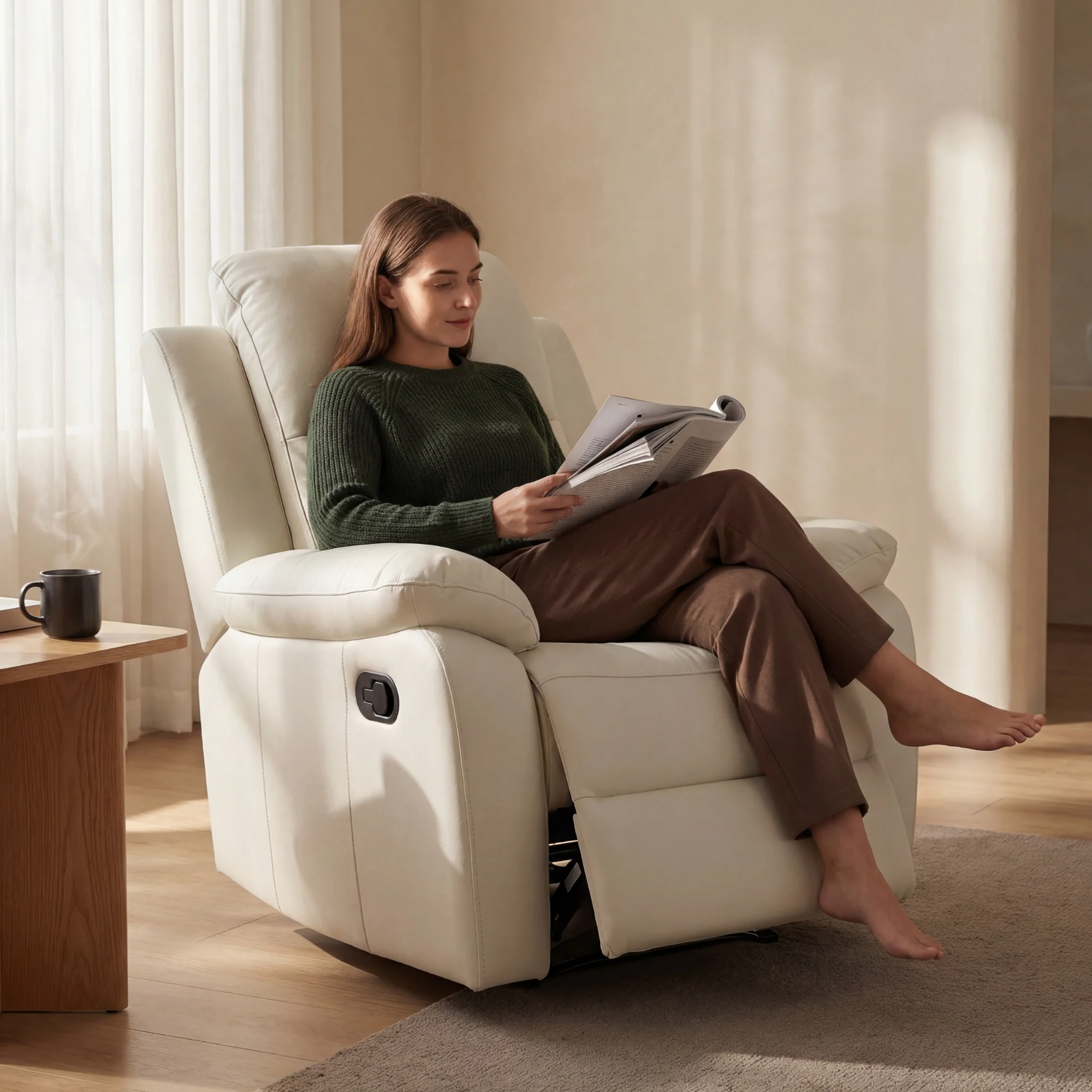 Duke Single Seater Manual Recliner Chair Genuine Leather Off White - Image 3