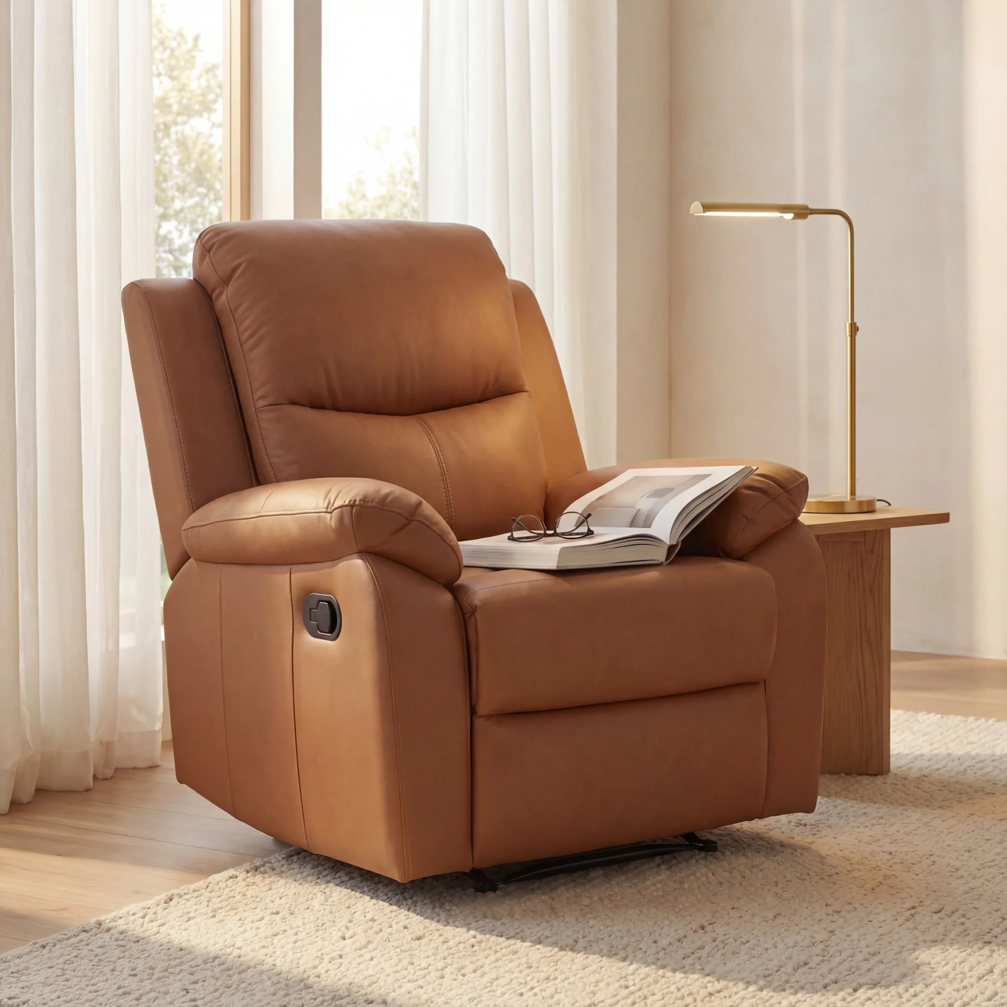 Duke Single Seater Manual Recliner Chair Genuine Leather Tan - Image 3