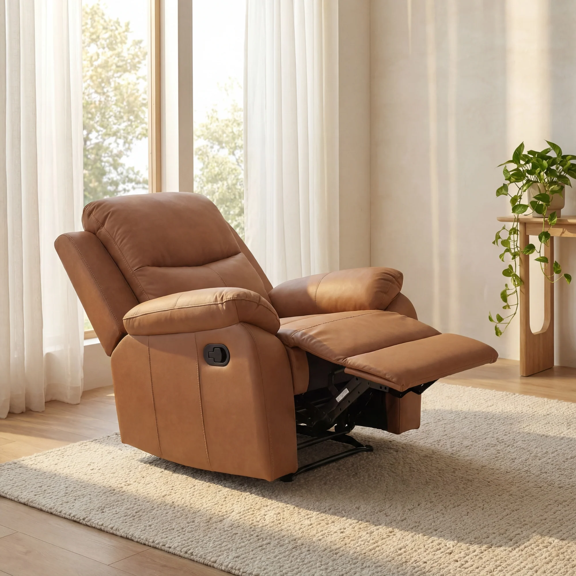Duke Single Seater Manual Recliner Chair Genuine Leather Tan - Image 4