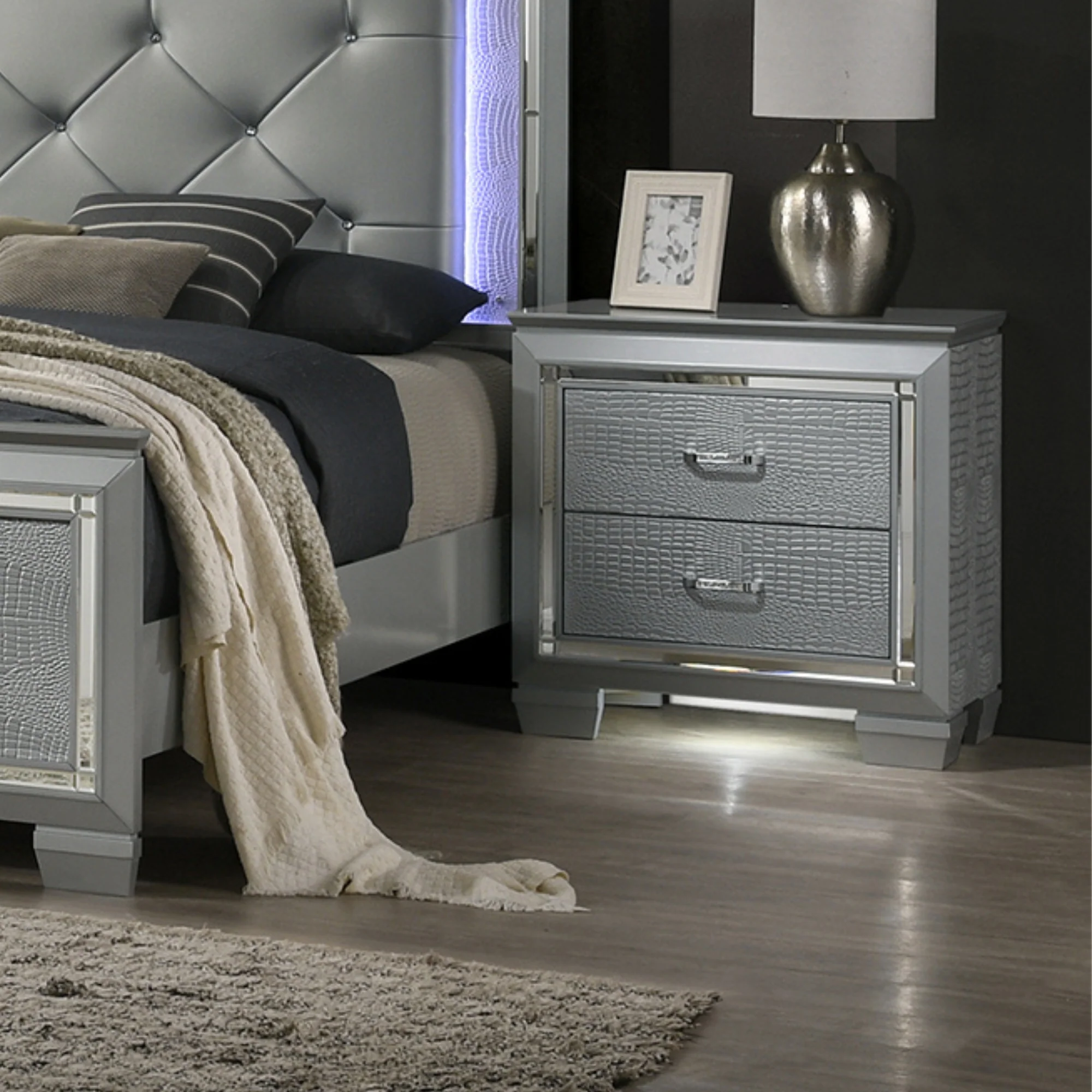 Flashy Bedside Table 2 Drawer Silver - Image 2