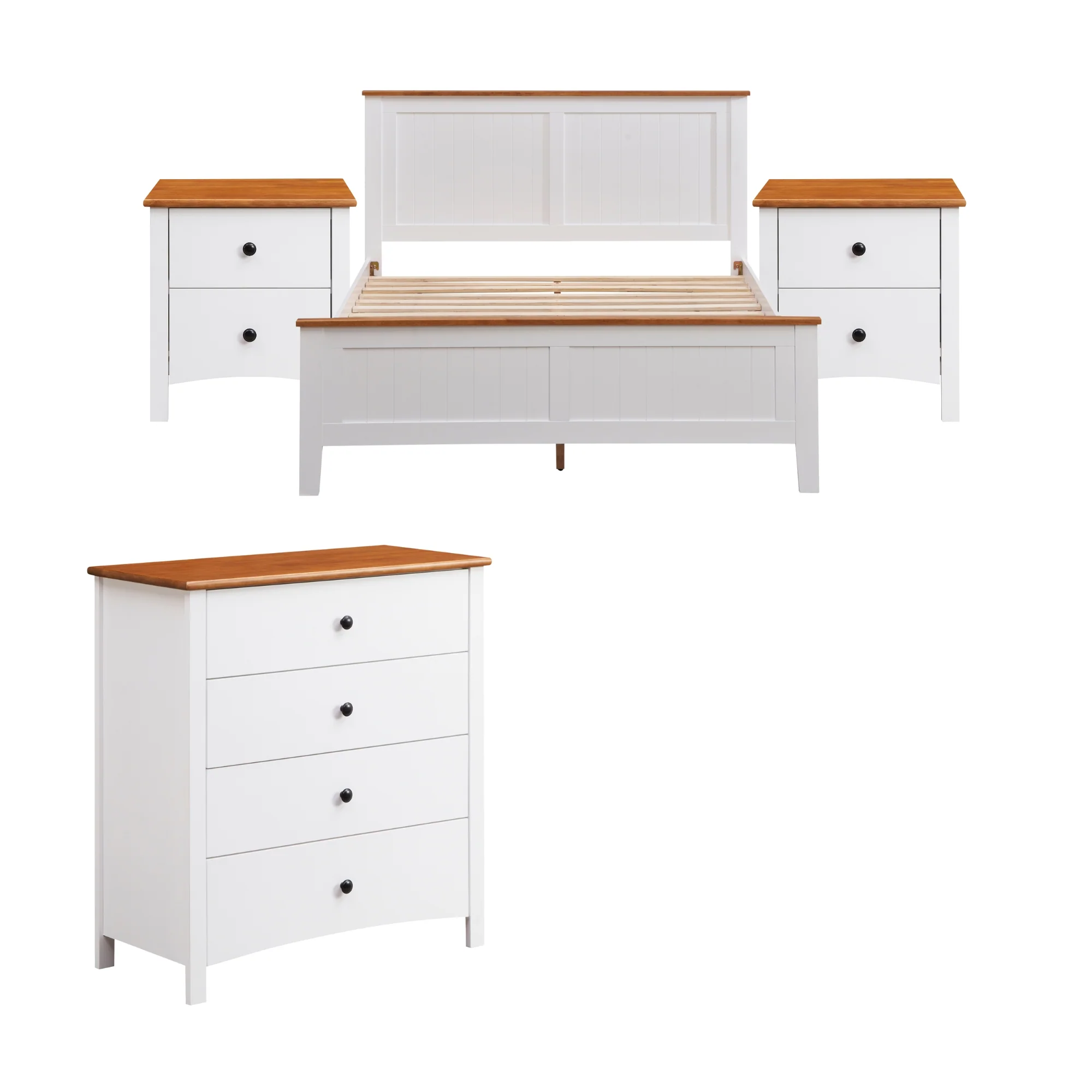 Harbourview 4pc Set Double Bedroom Suite Bed Frame Bedside Table Tallboy Brown White - Image 2