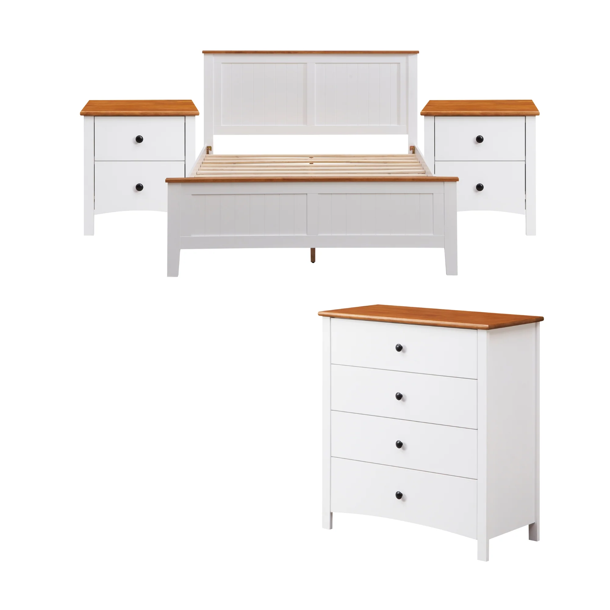Harbourview 4pc Set Queen Bedroom Suite Bed Frame Bedside Table Tallboy Brown White - Image 2