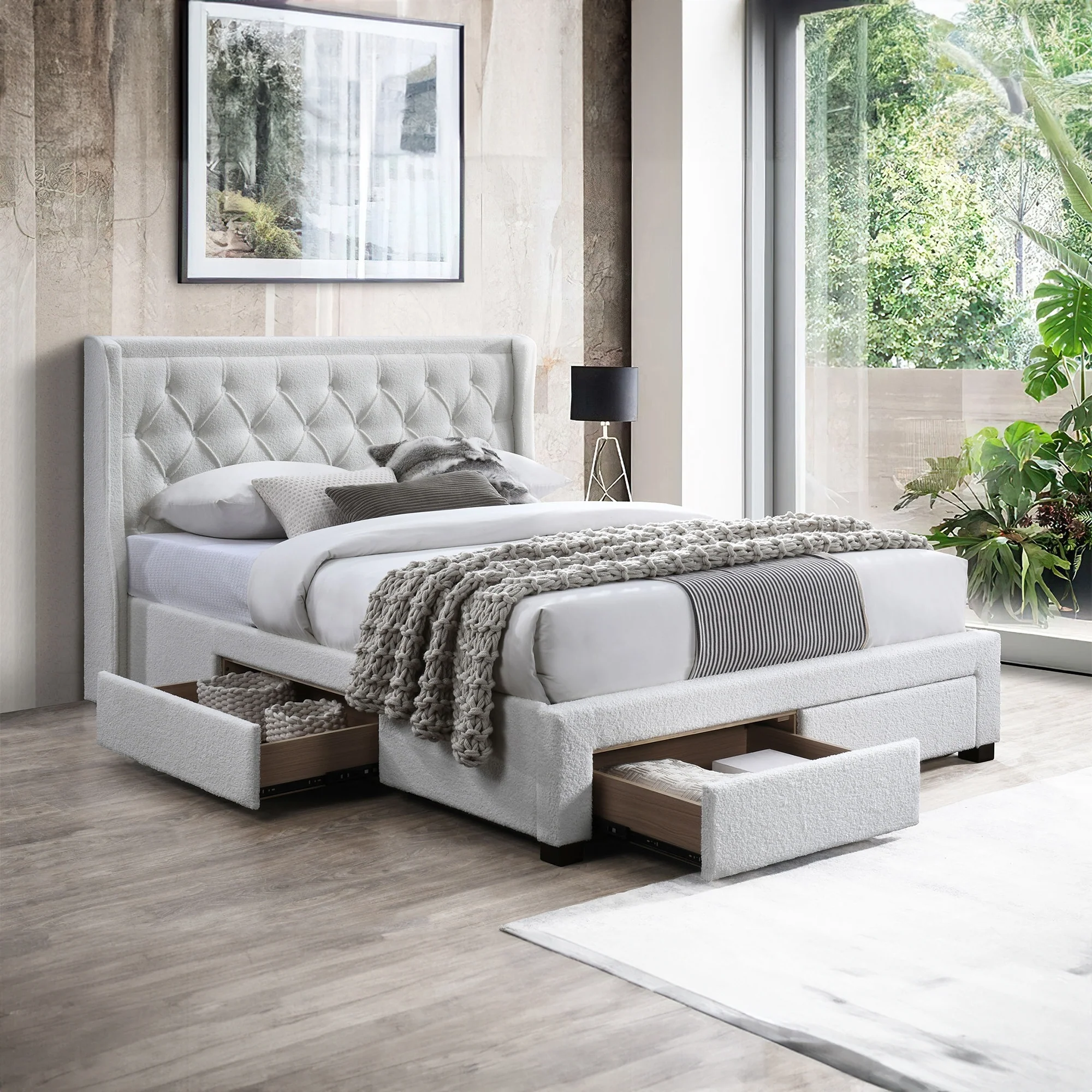 Jacky  King Size Bed Frame 4 Storage Drawers Boucle Fabric Ivory Cream - Image 2
