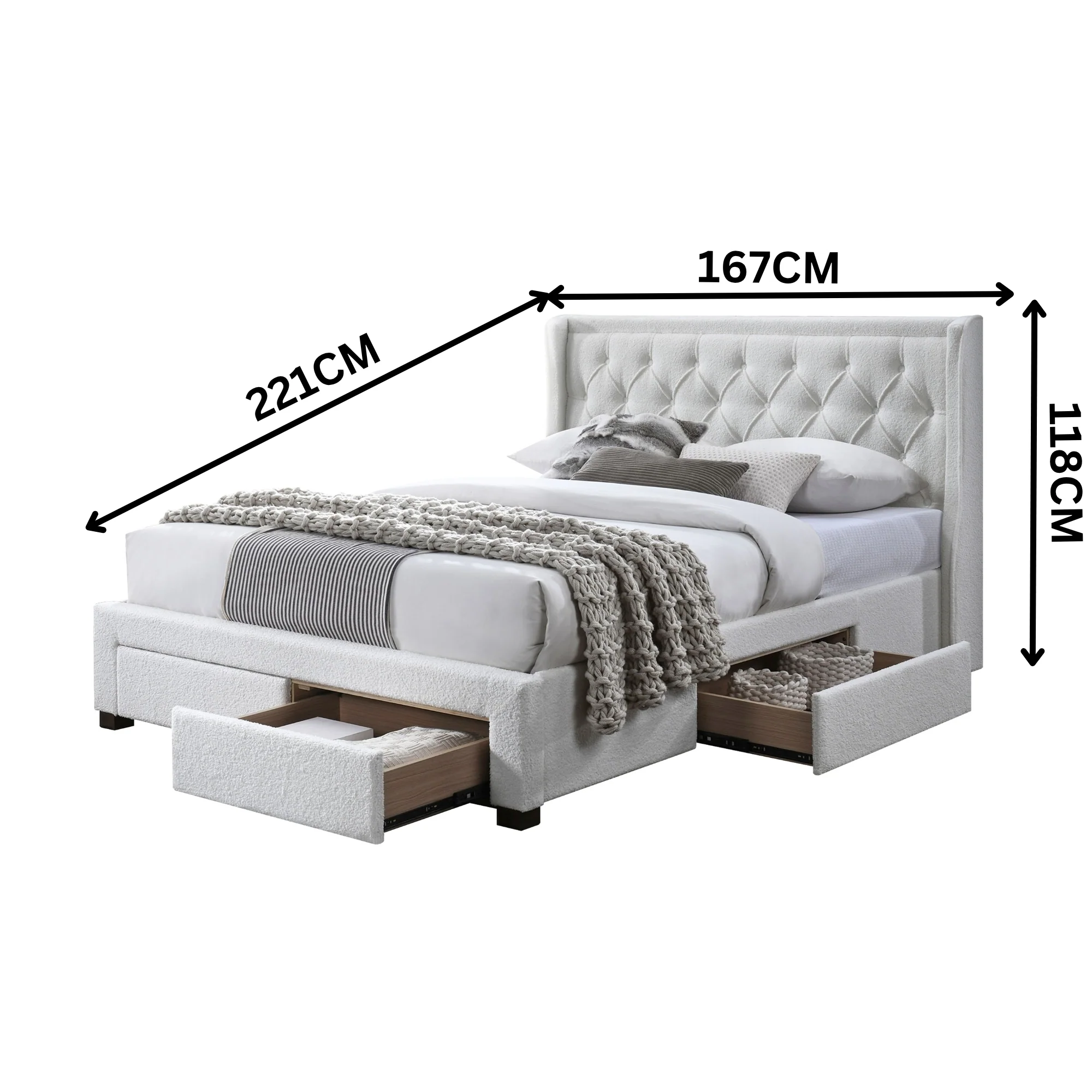 Jacky Queen Size Bed Frame 4 Storage Drawers Boucle Fabric Ivory Cream - Image 3