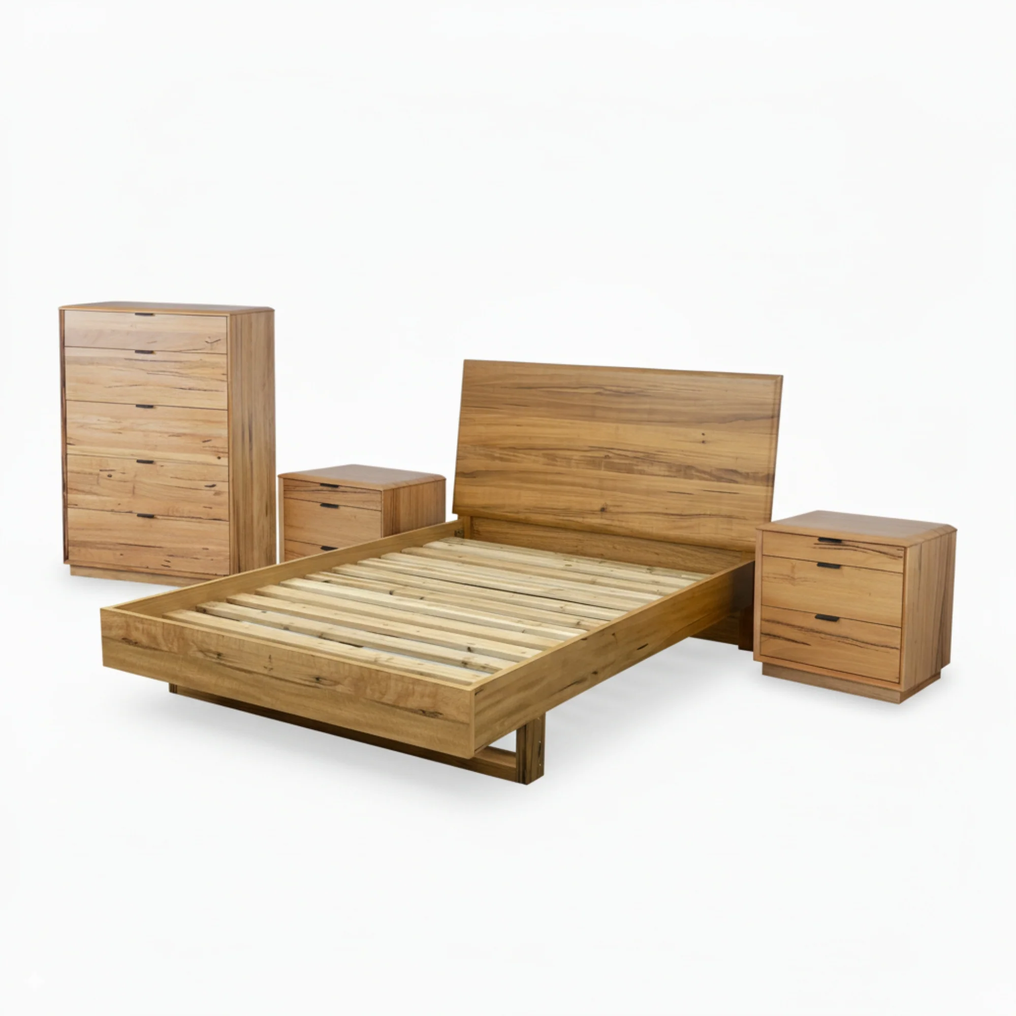 Japandi King Bed Frame Set Bedside Table Tallboy Natural Oak - Image 2