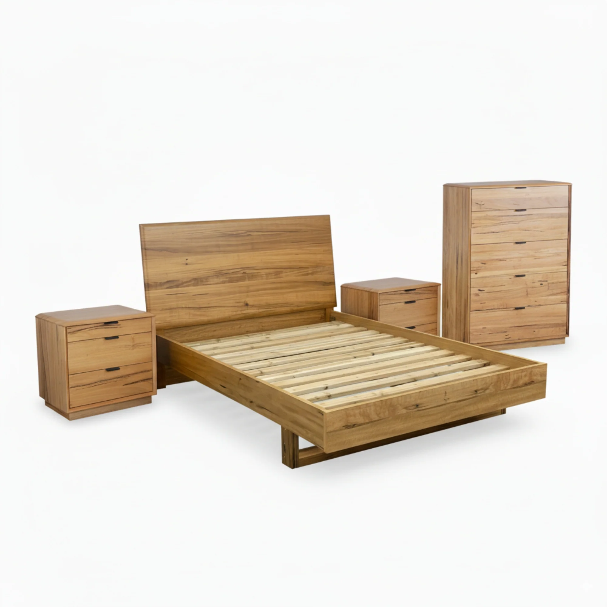 Japandi Queen Bed Frame Set Bedside Table Tallboy Natural Oak - Image 2