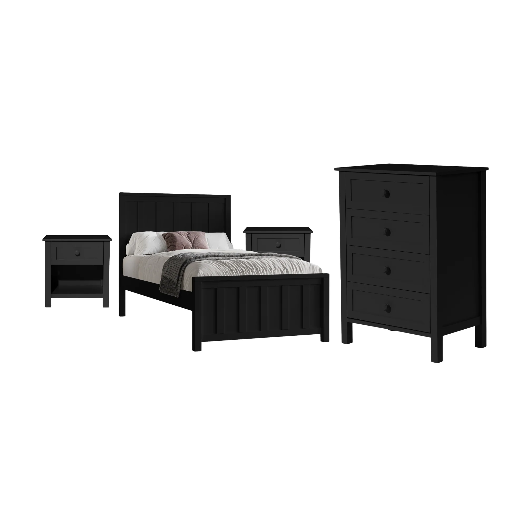 Jessica 4pc Double Bedroom Set Bed Frame Bedside Tallboy Black - Image 2