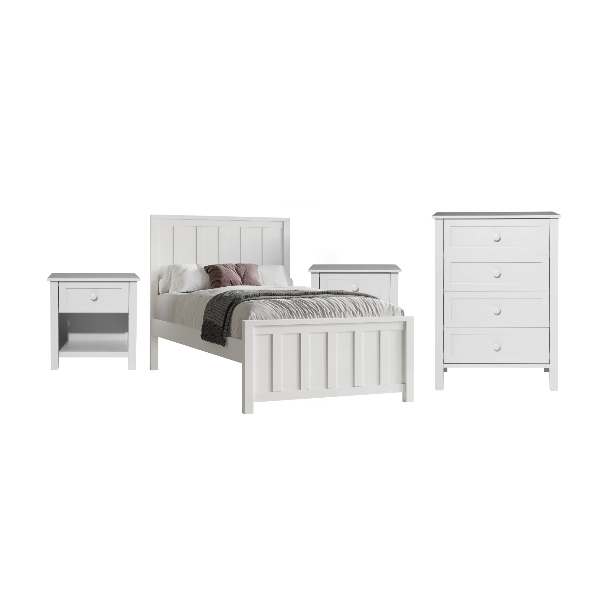 Jessica 4pc Double Bedroom Set Bed Frame Bedside Tallboy White - Image 2
