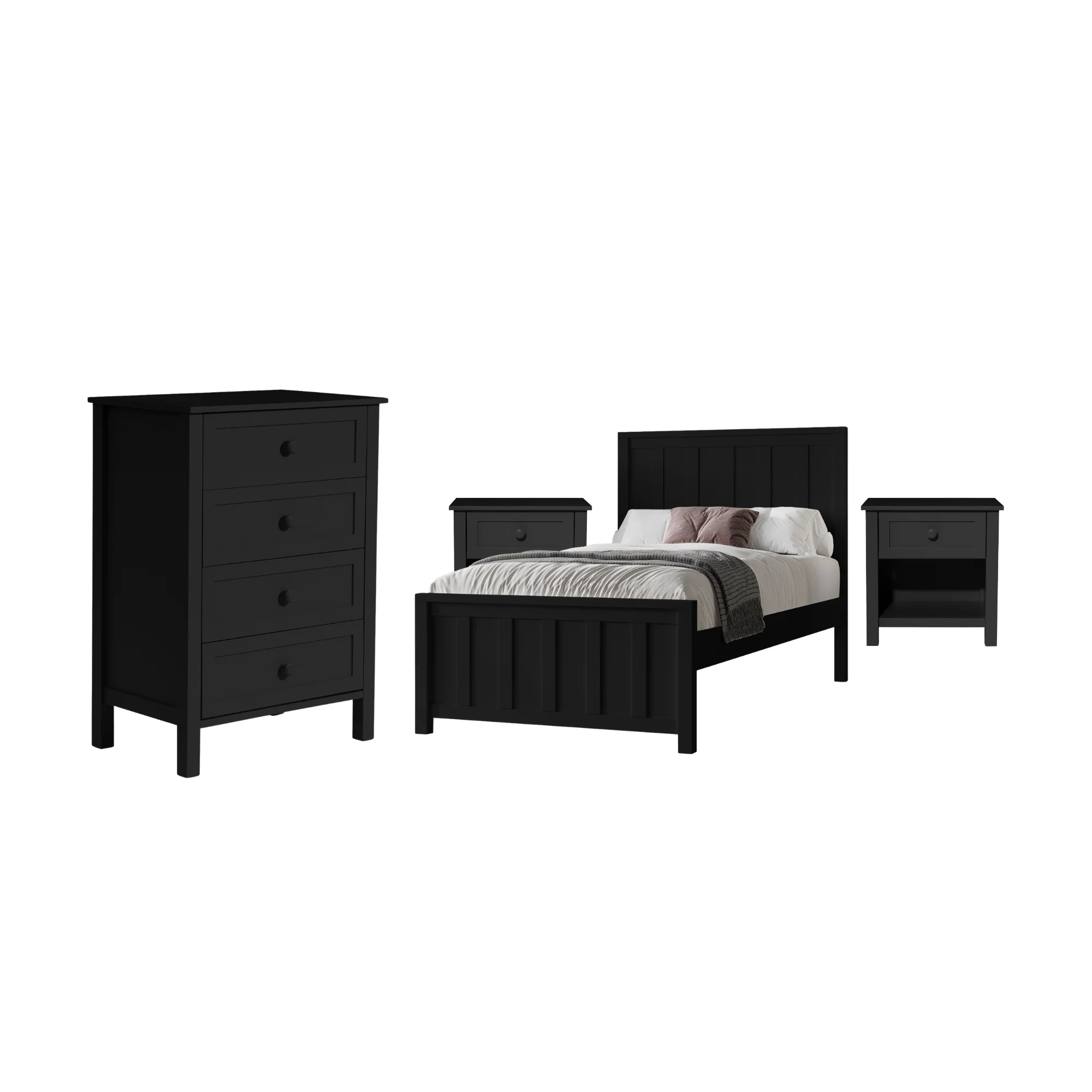 Jessica 4pc King Single Bedroom Set Bed Frame Bedside Tallboy Black - Image 2