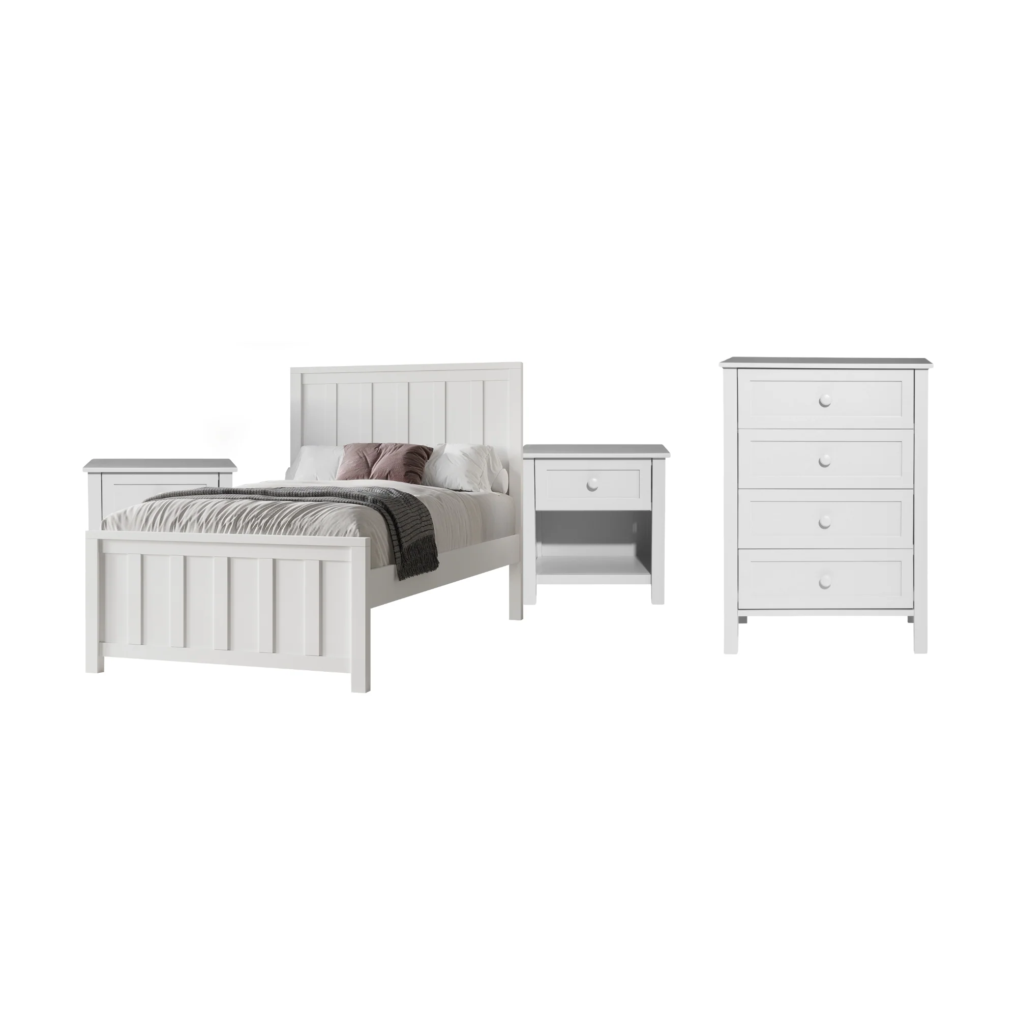 Jessica 4pc King Single Bedroom Set Bed Frame Bedside Tallboy White - Image 2