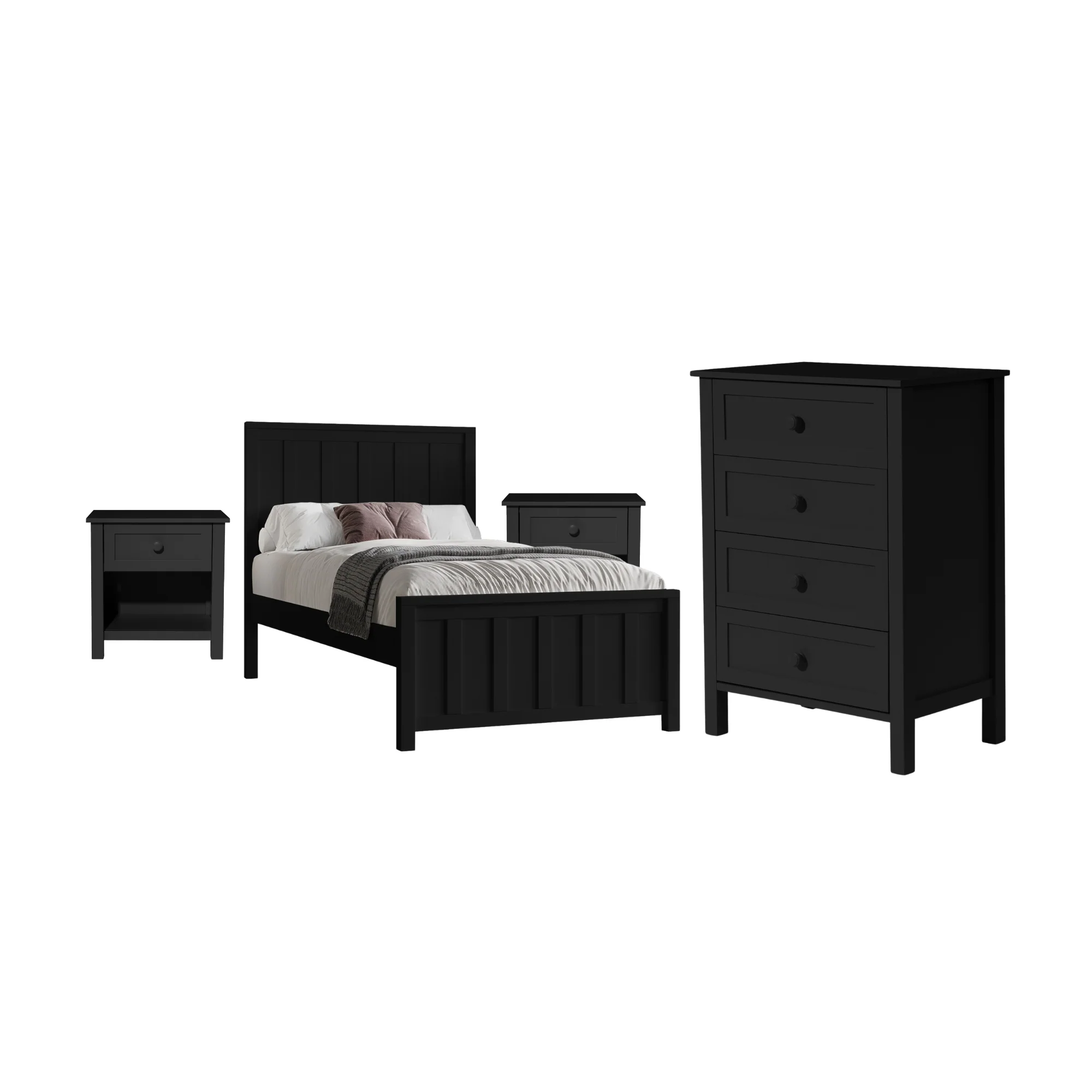 Jessica 4pc Single Bedroom Set Bed Frame Bedside Tallboy Black - Image 2