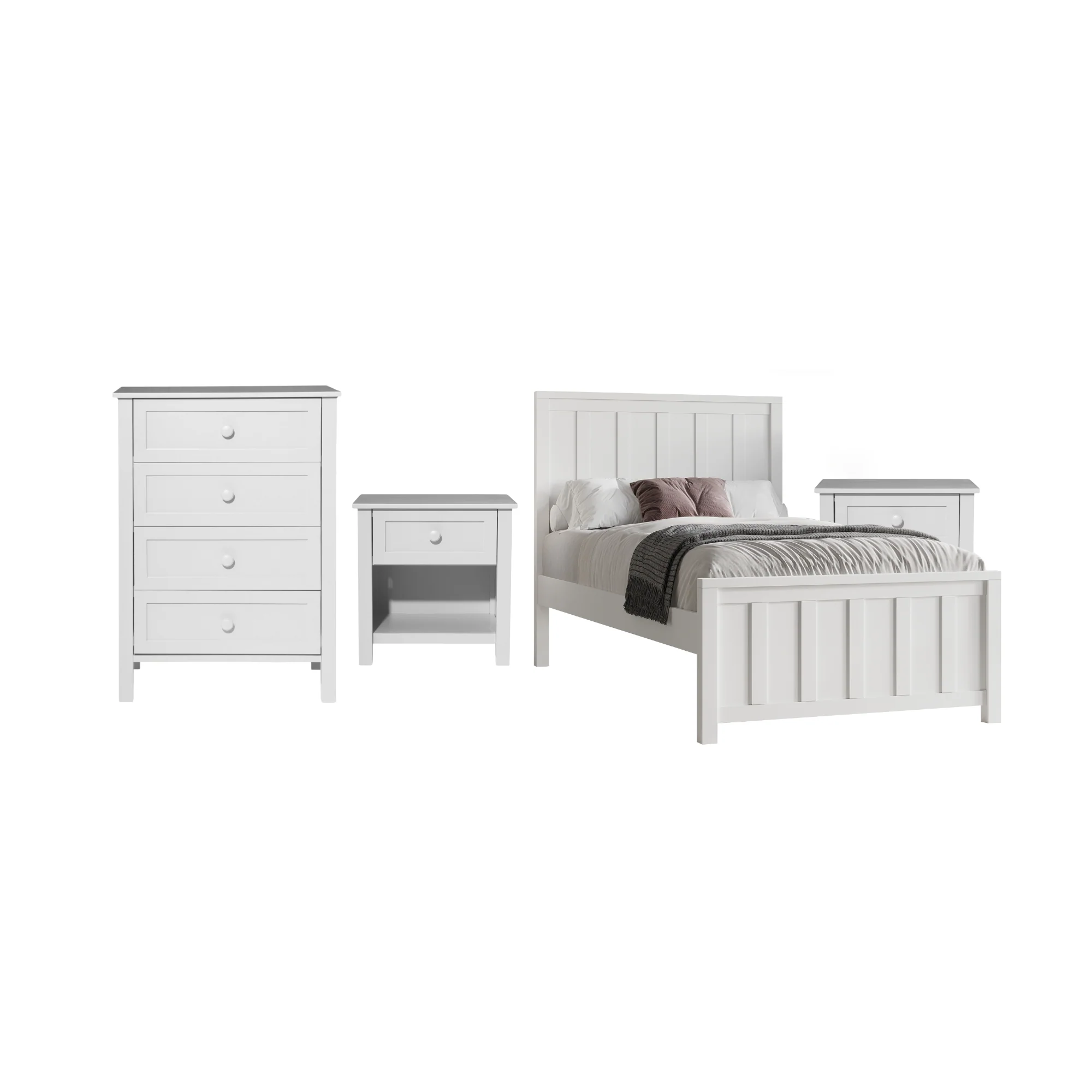 Jessica 4pc Single Bedroom Set Bed Frame Bedside Tallboy White - Image 2