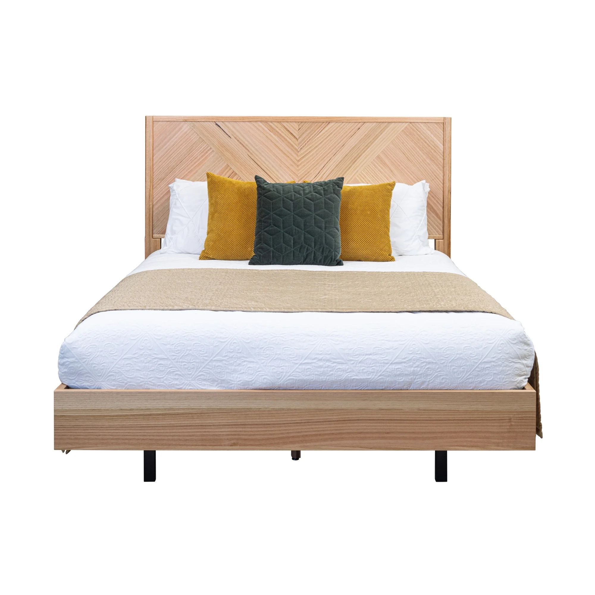 Jindy 4pc Set King Bed Frame Bedside Table Tallboy Natural Oak - Image 2