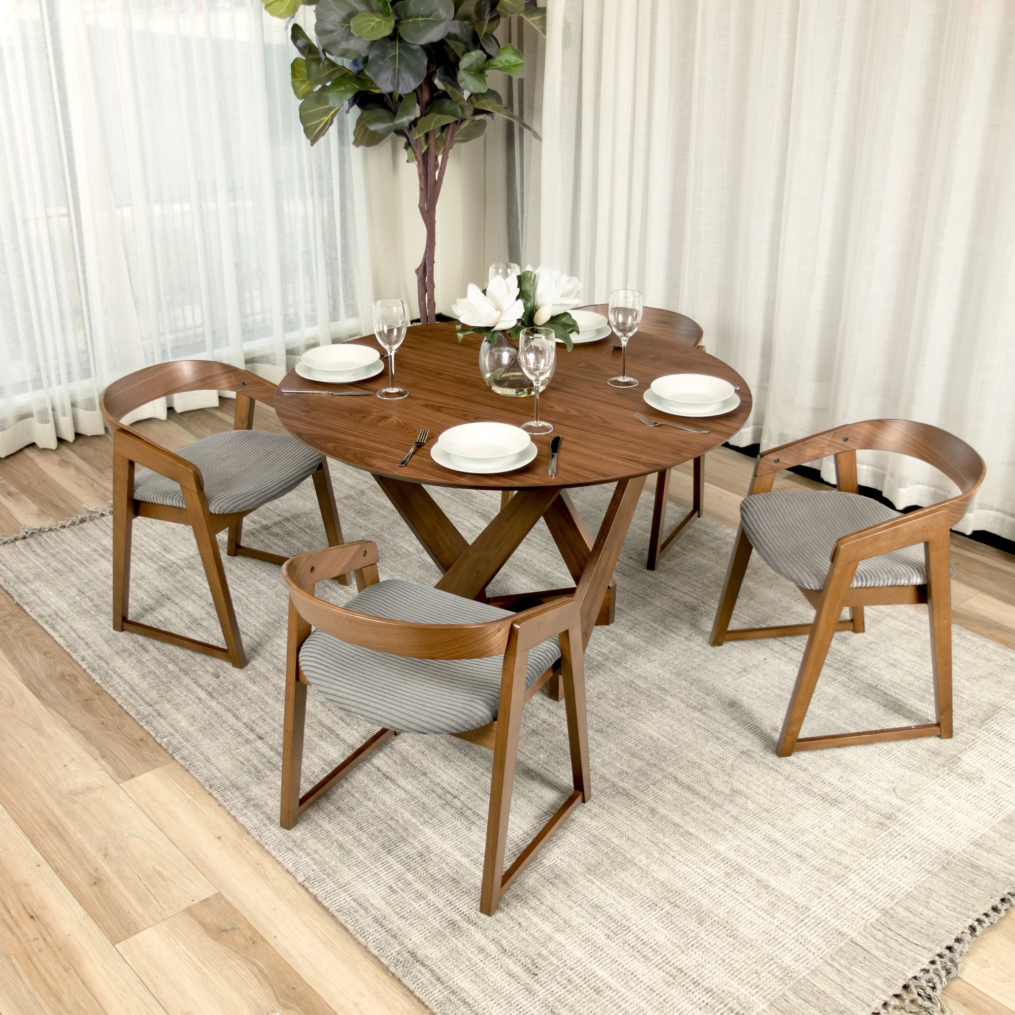 Mattia 5pc 120cm Round Dining Table Set Grey Fabric Seat Chair Walnut - Image 2