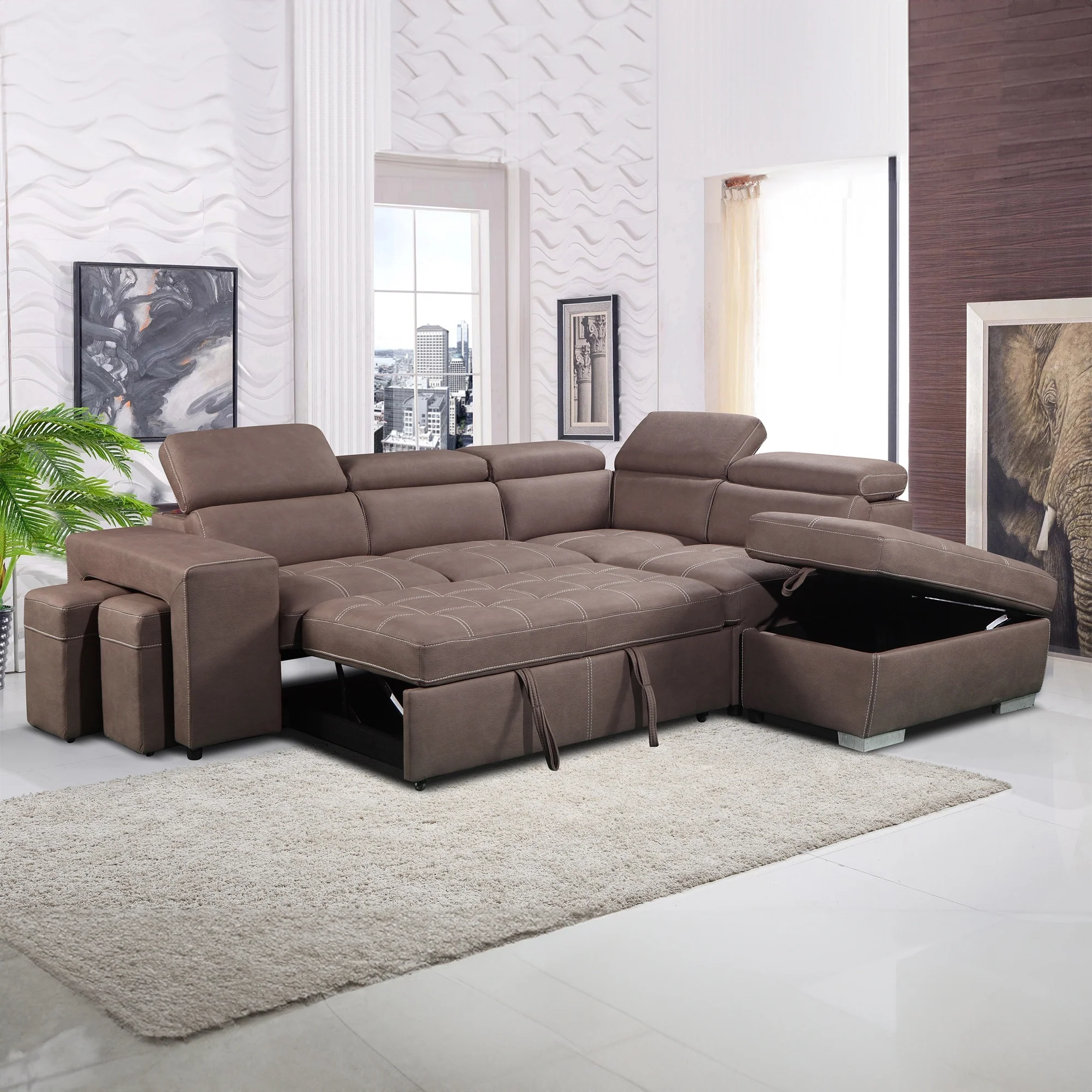Maxis 4 Seater Corner Modular Sofa Bed Lounge RHF Chaise Storage Ottoman Brown - Image 2