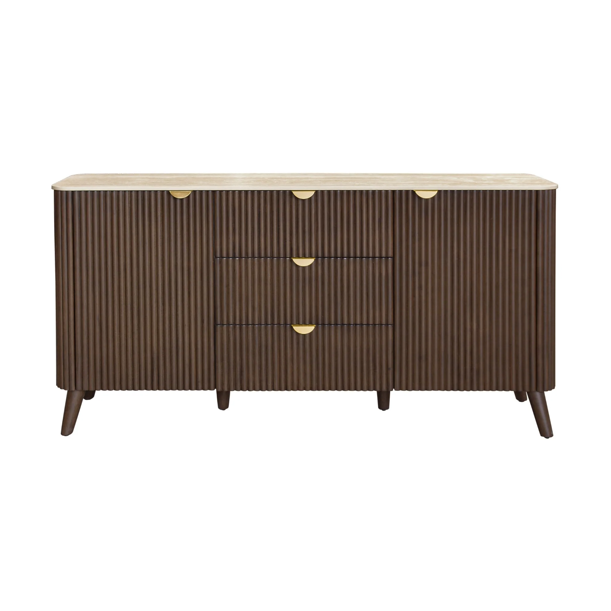 Milo 160cm Buffet Table Sintered Stone Travertine Top Walnut - Image 2