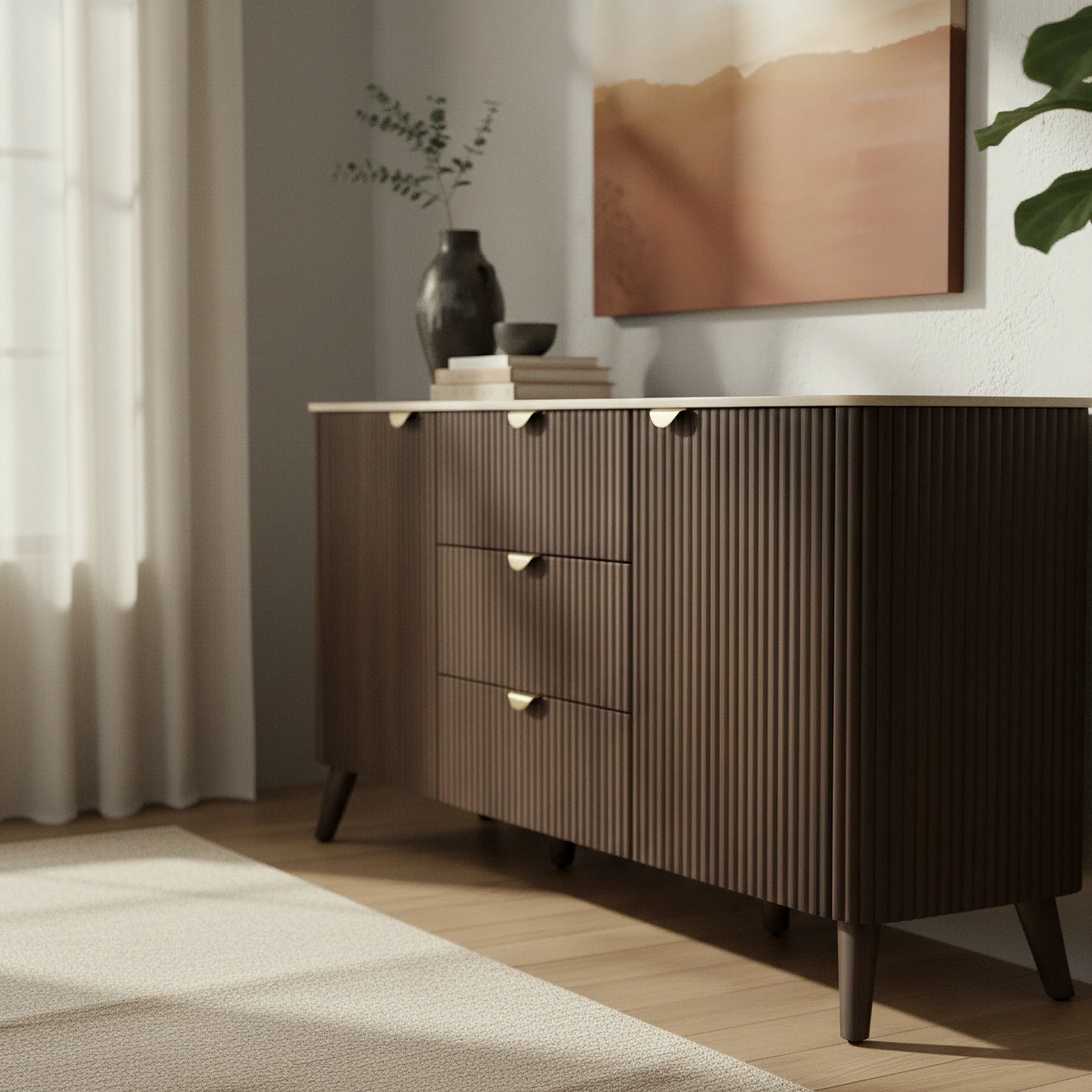 Milo 160cm Buffet Table Sintered Stone Travertine Top Walnut - Image 3