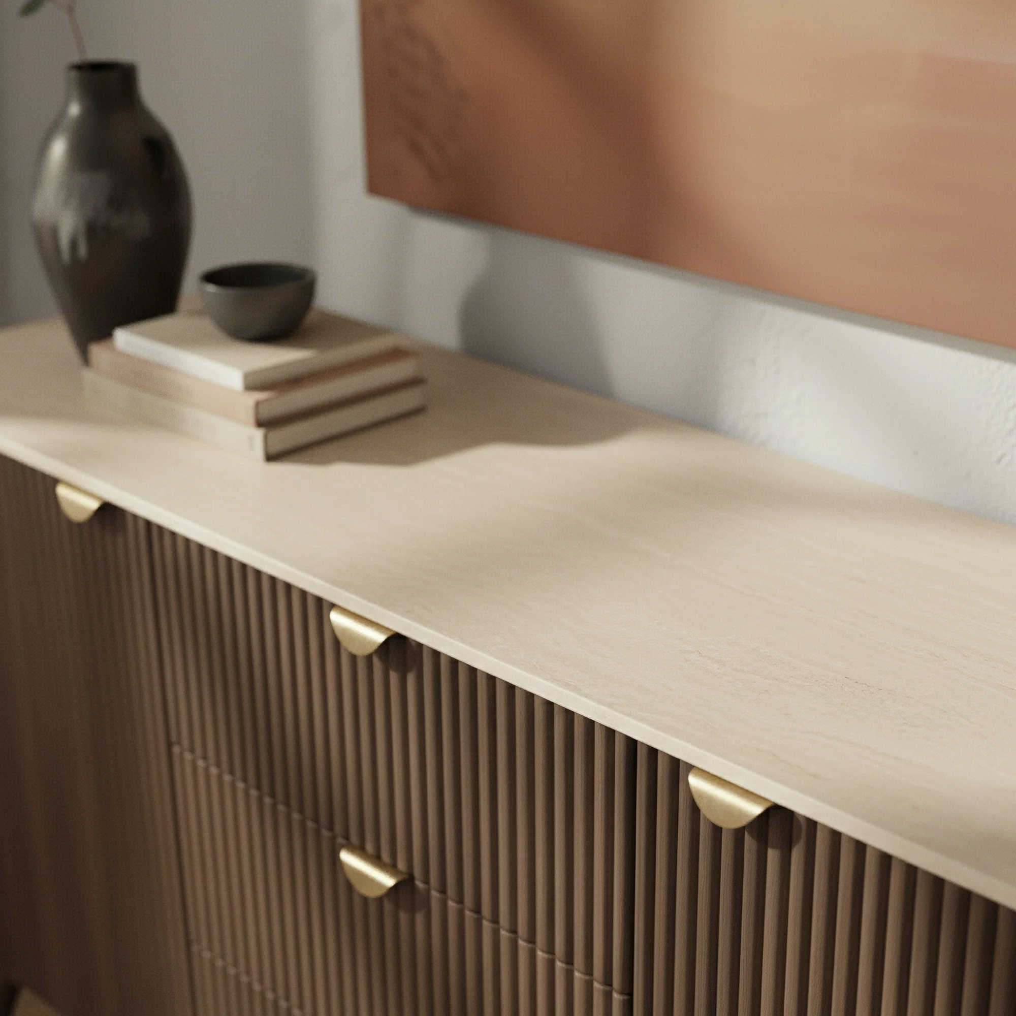 Milo 160cm Buffet Table Sintered Stone Travertine Top Walnut - Image 4
