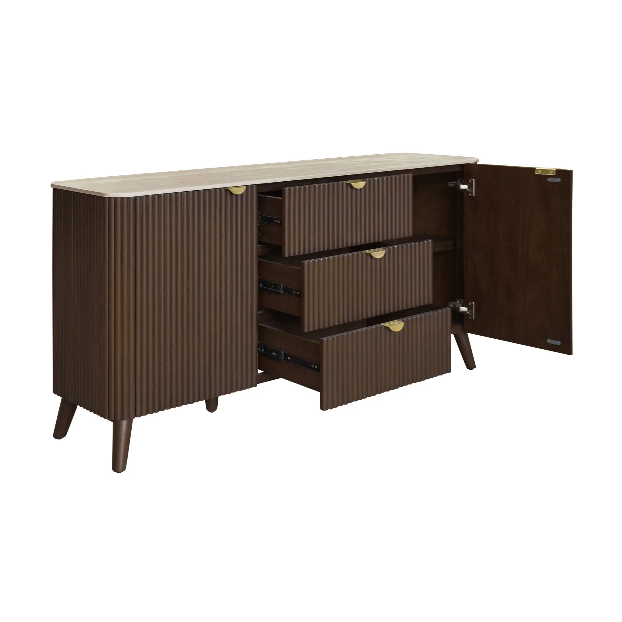 Milo 160cm Buffet Table Sintered Stone Travertine Top Walnut - Image 6