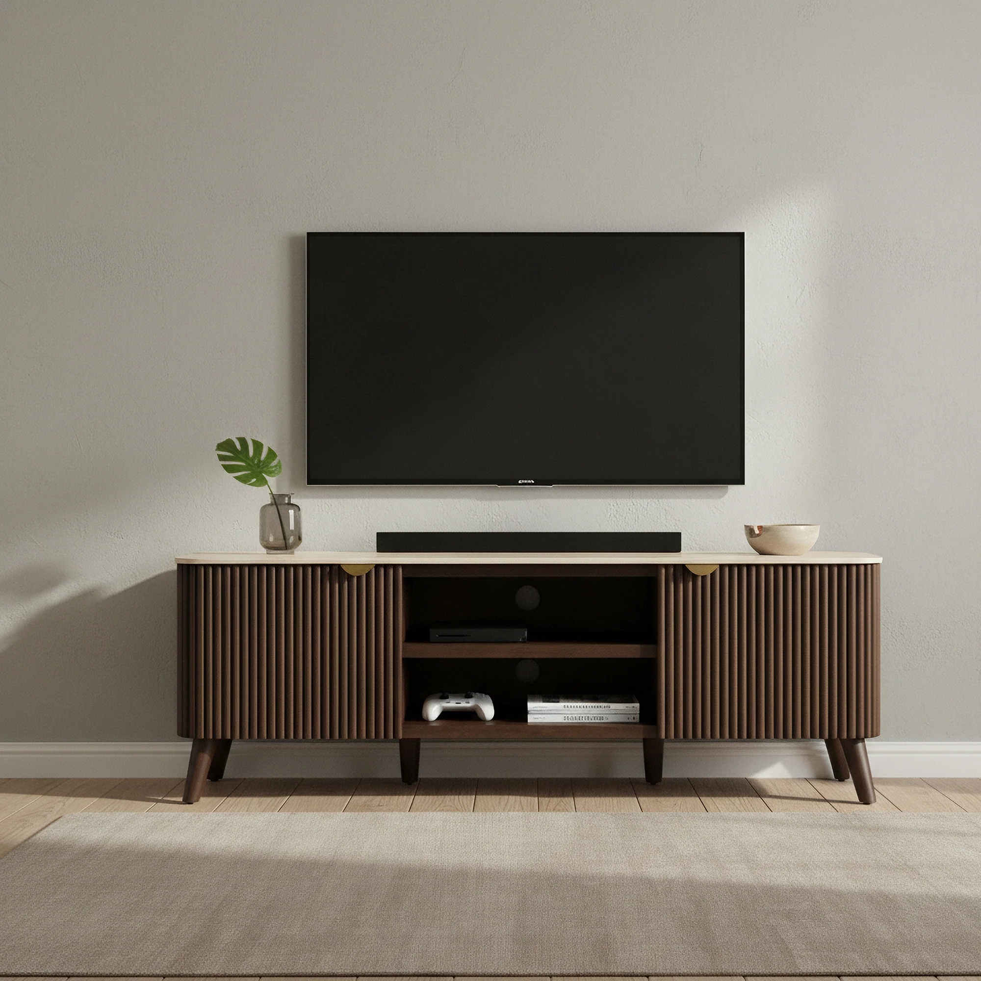 Milo 160cm ETU Entertainment TV Unit Sintered Stone Travertine Top Walnut - Image 3