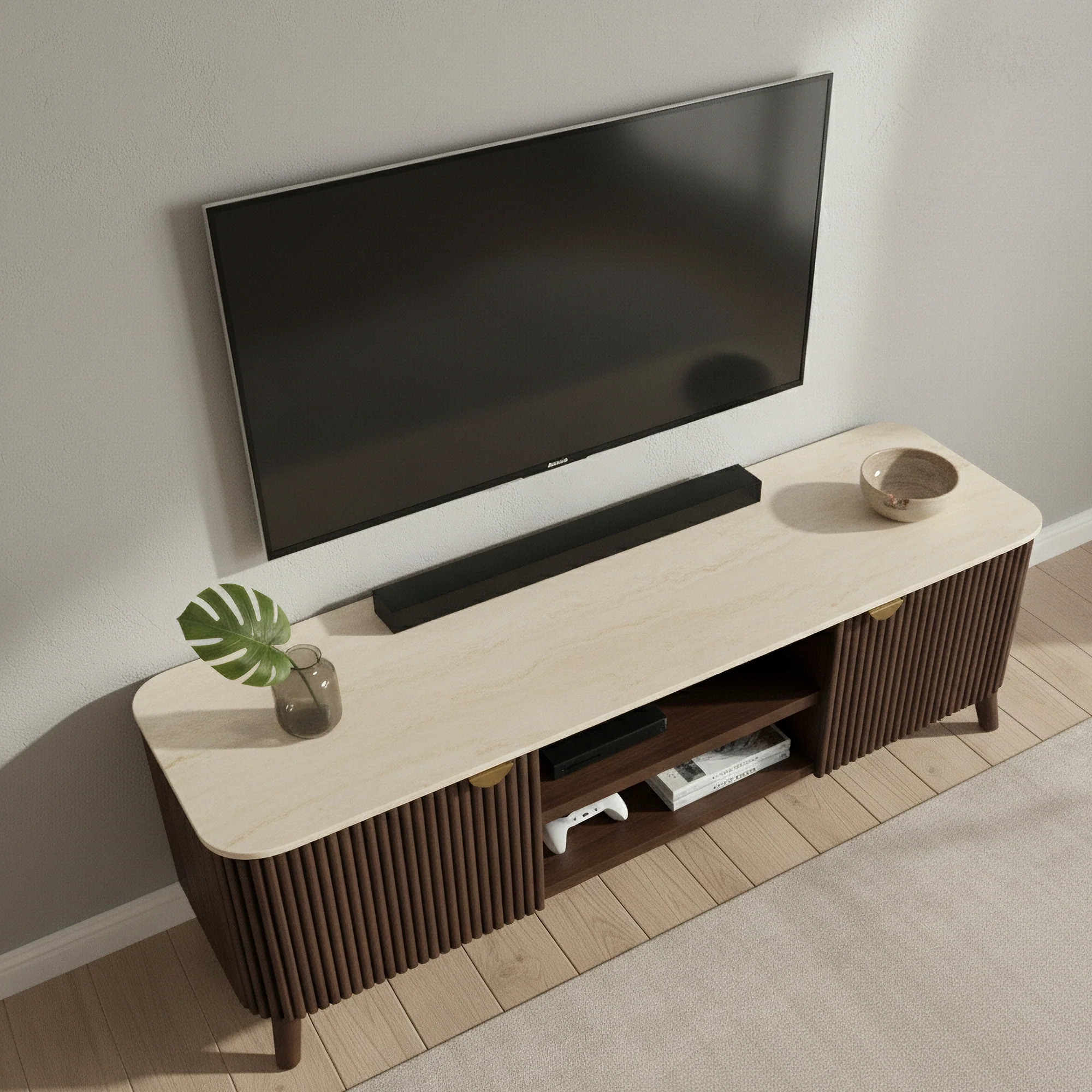 Milo 160cm ETU Entertainment TV Unit Sintered Stone Travertine Top Walnut - Image 4