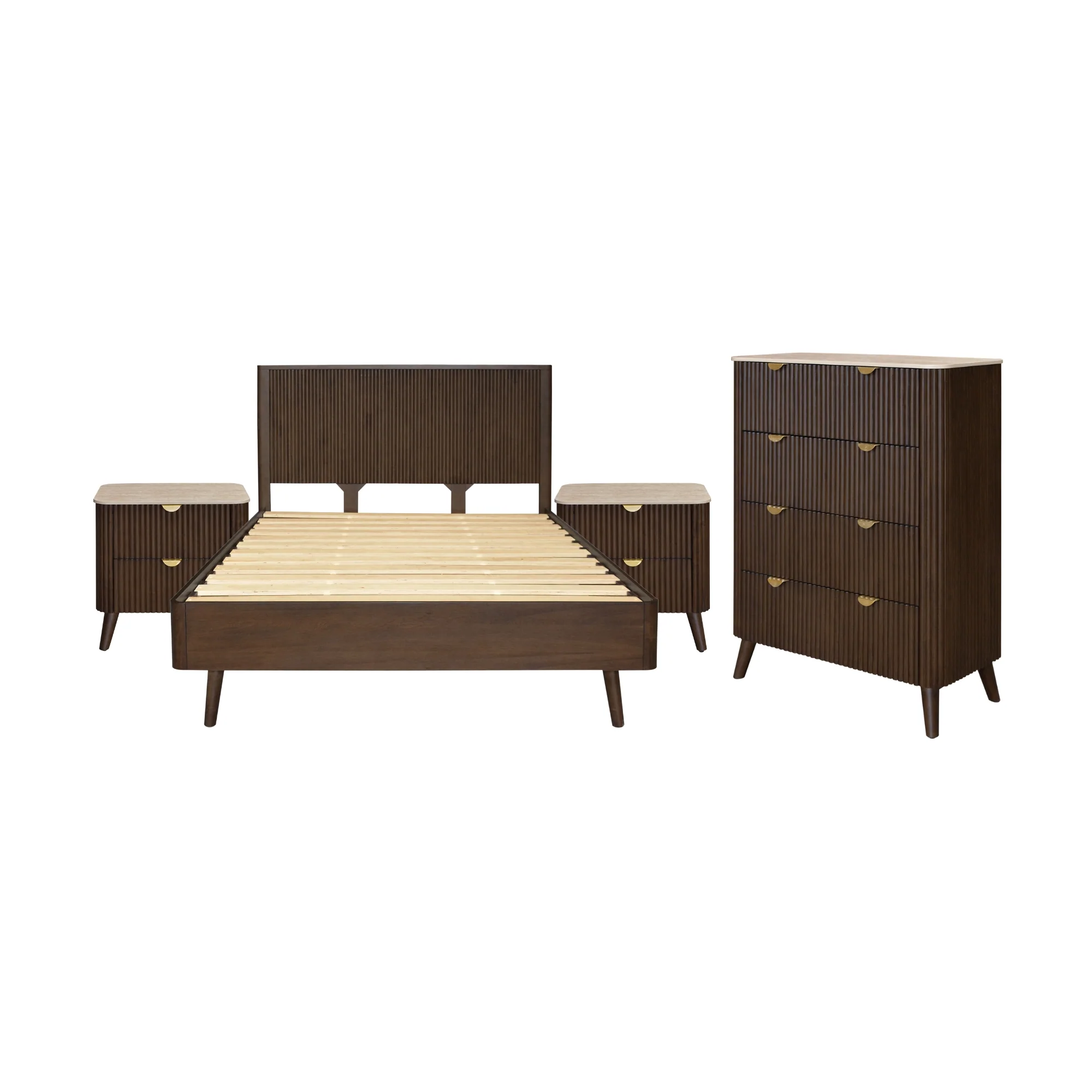 Milo 4pc Bedroom Set King Bed Frame Bedside Tallboy Walnut - Image 2