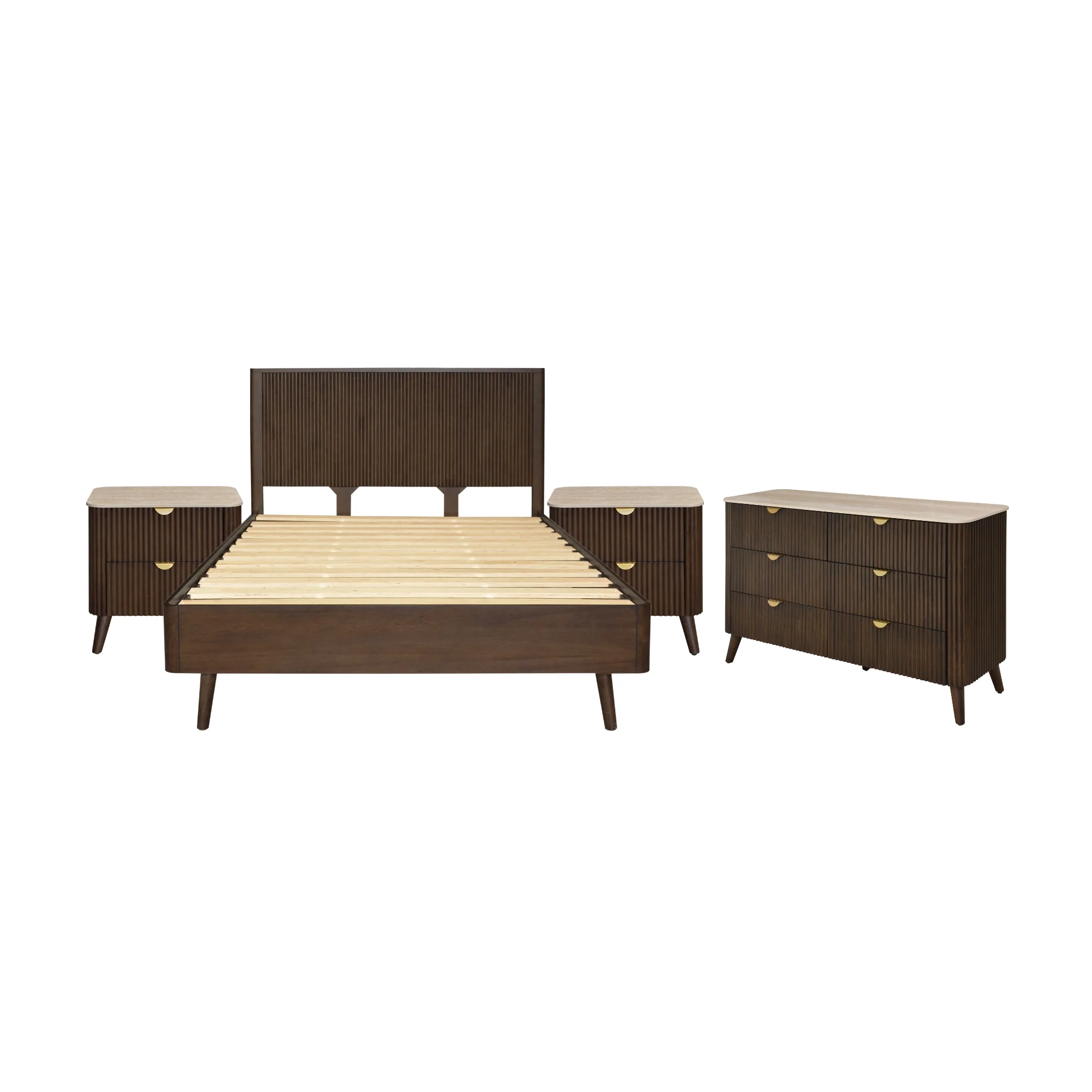 Milo 4pc Bedroom Set Queen Bed Frame Bedside Dresser Walnut - Image 2