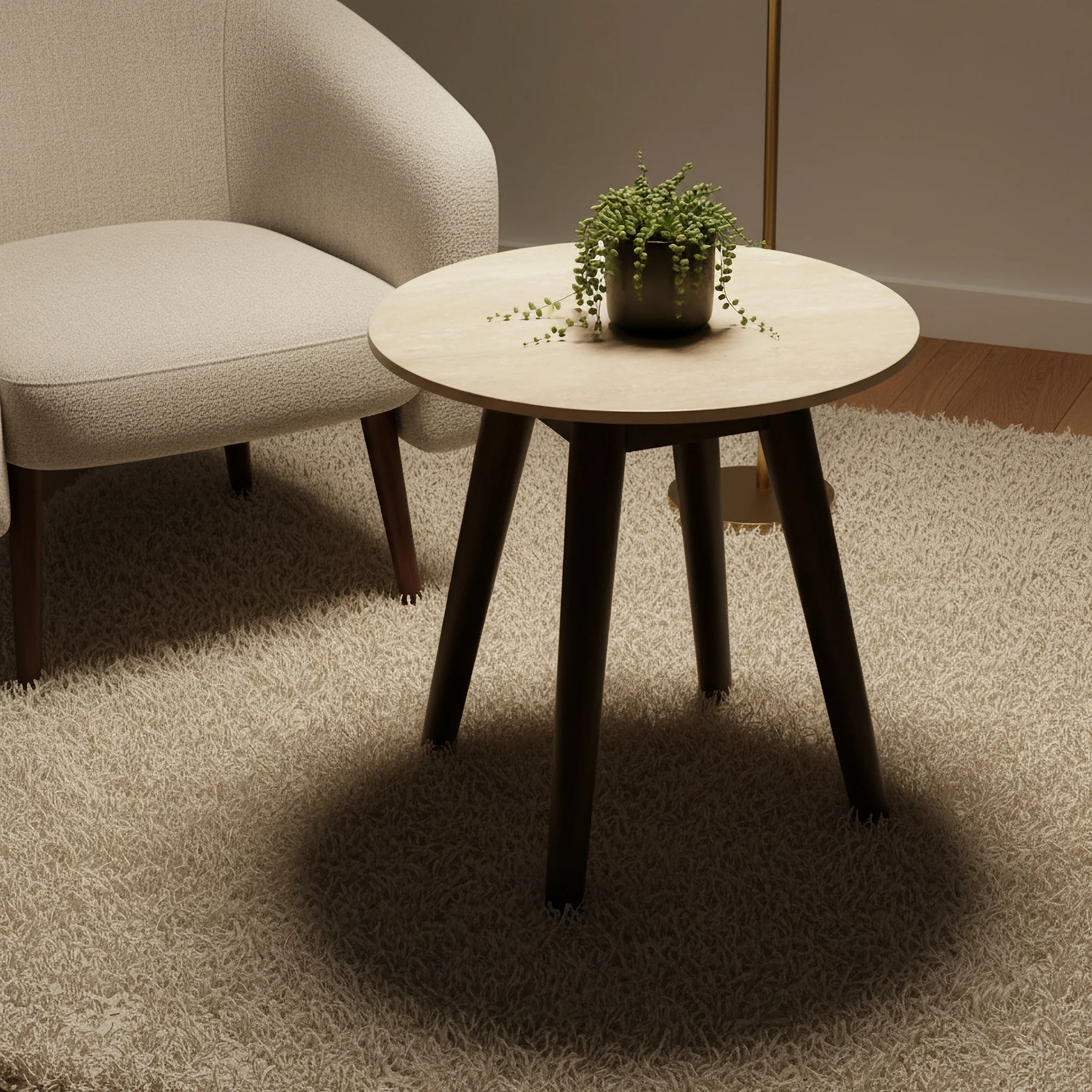 Milo 50cm Round Lamp Table Sintered Stone Travertine Top Walnut - Image 3