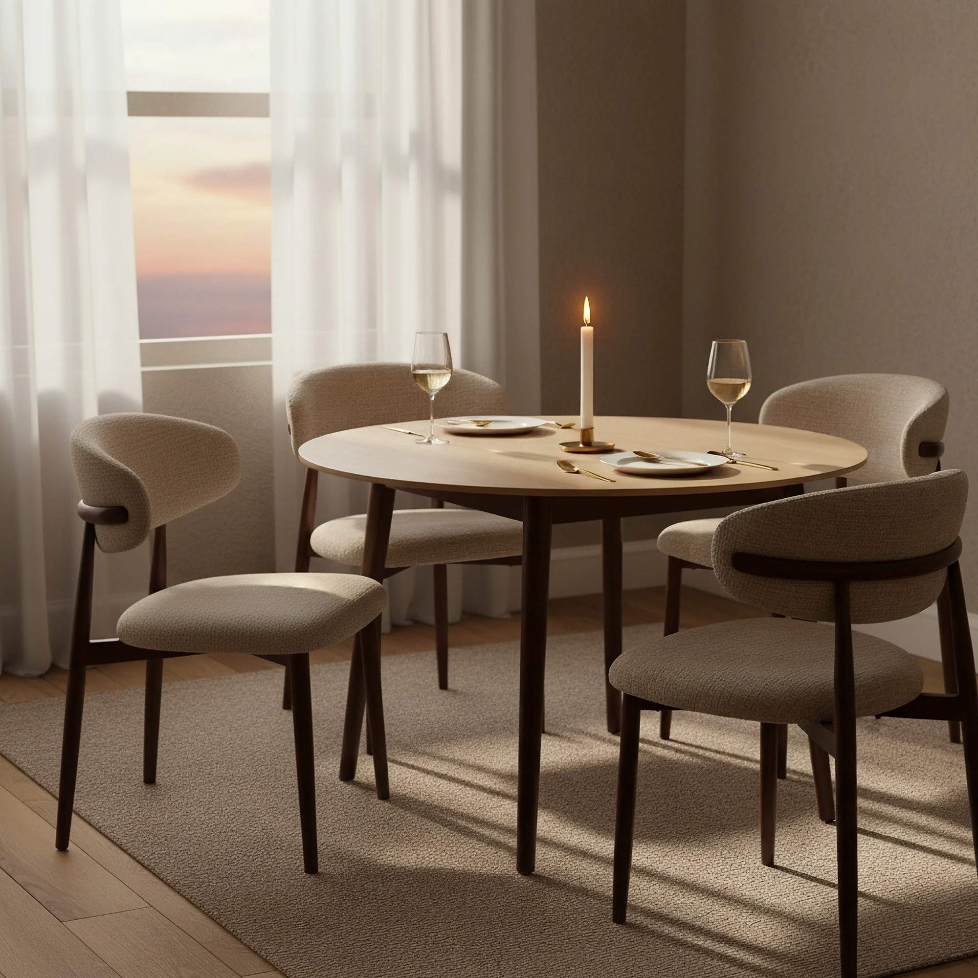 Milo 5pc Dining Set 120cm Round Table Sintered Stone Top Beige Chair Walnut - Image 3